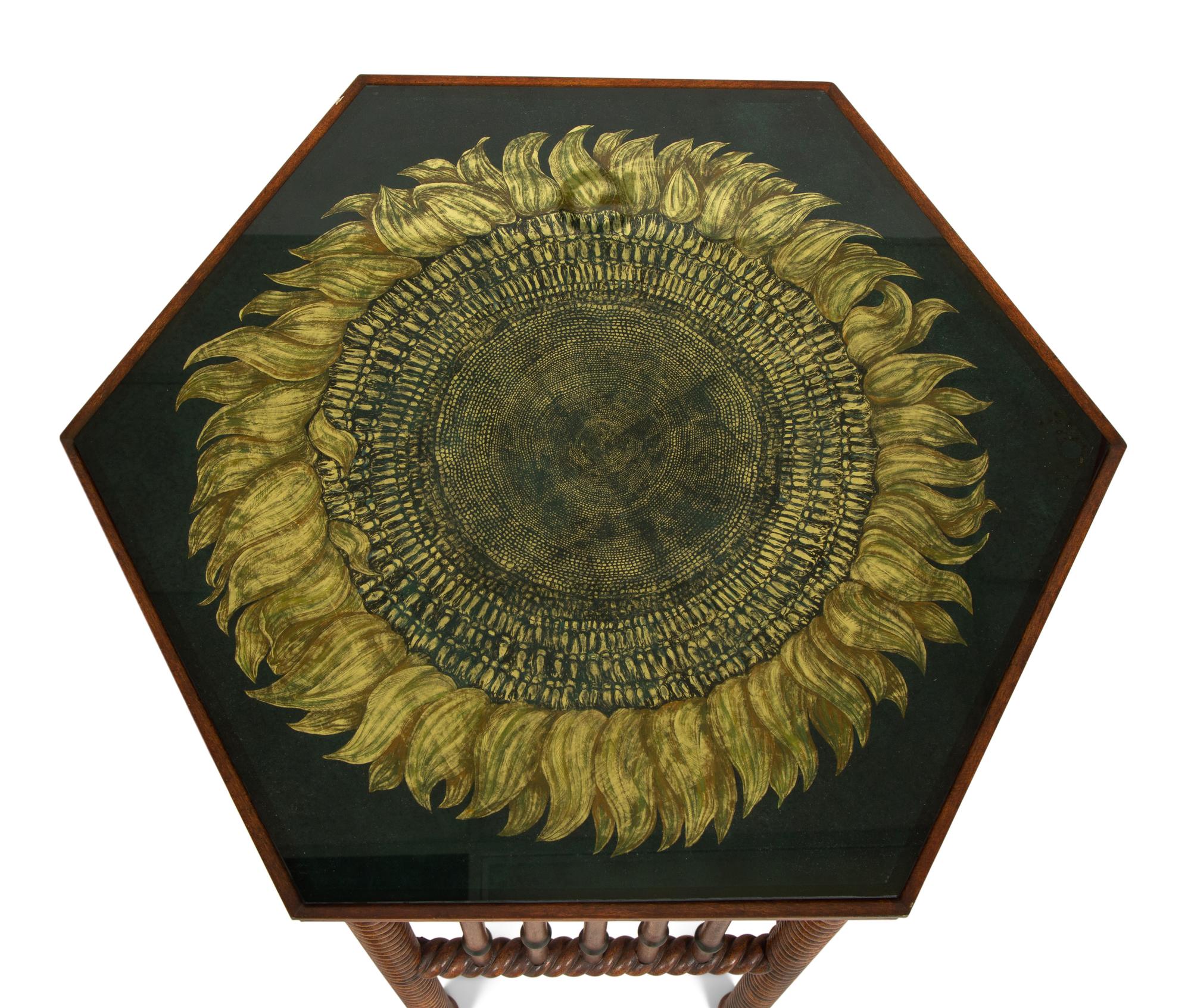 A Pair of Turned Walnut and Reverse-Painted Glass Side Tables