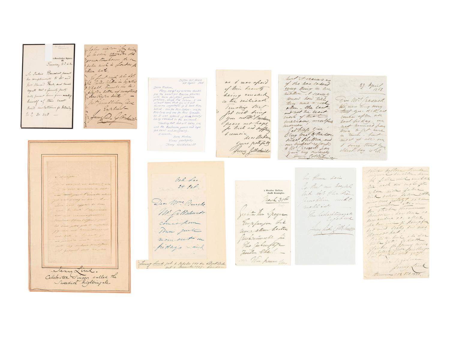 LIND, Jenny (1820-1887). A collection of 14 items highlighted by 8 autograph letters signed by Jenny Lind, the Swedish opera singer.