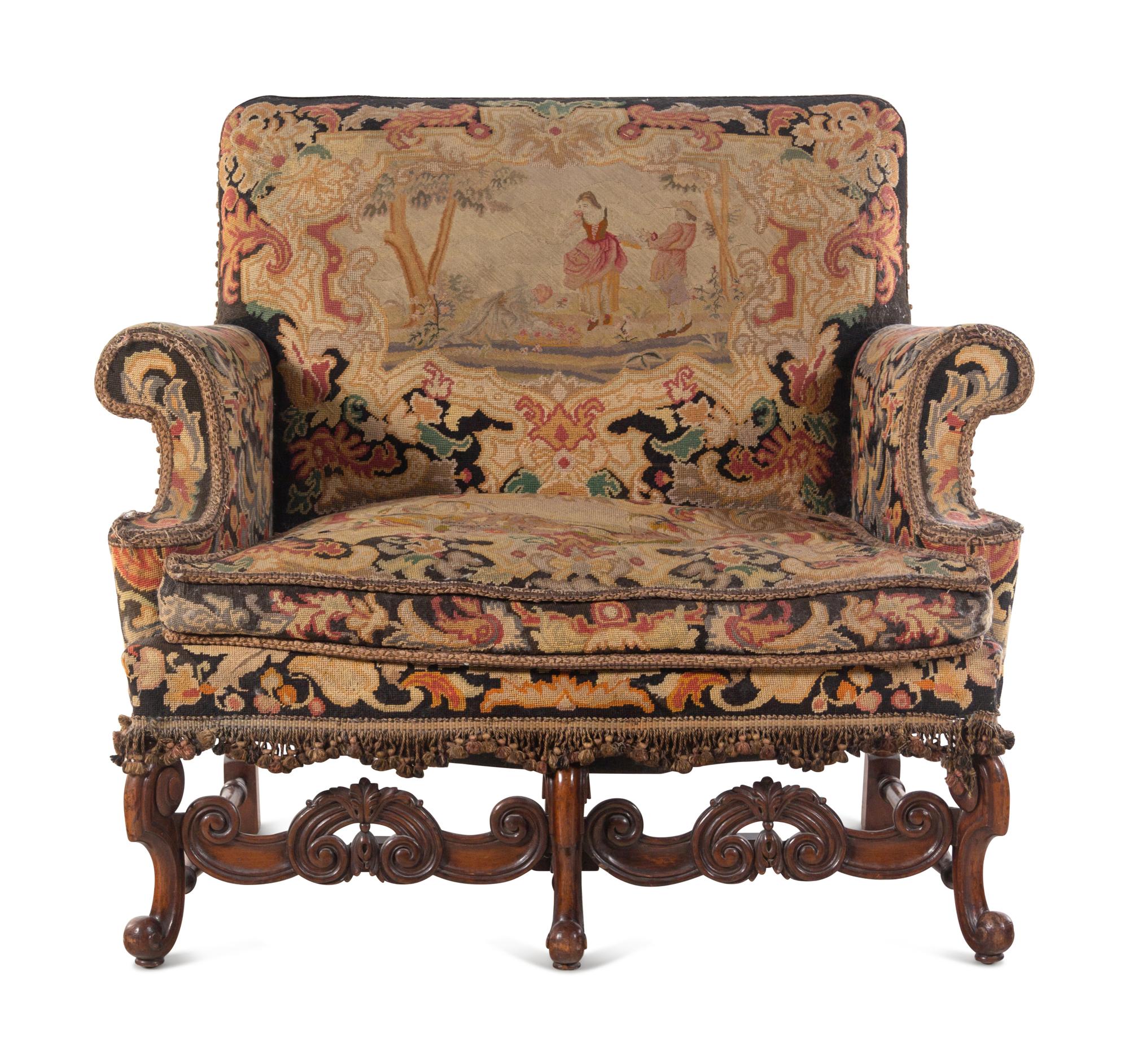 A William and Mary Style Needlepoint-Upholstered Carved Walnut Settee