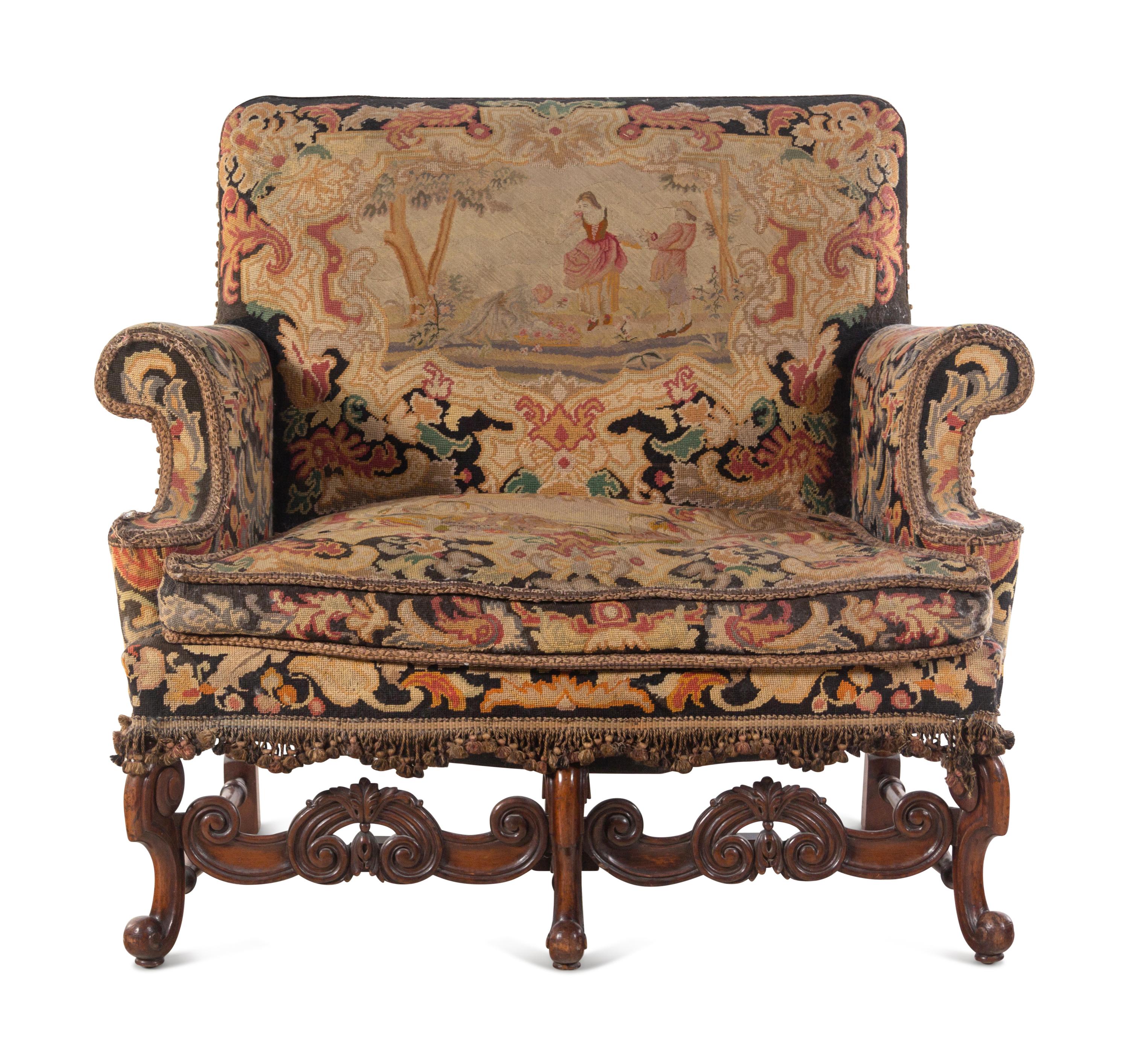 A William and Mary Style Needlepoint-Upholstered Carved Walnut Settee