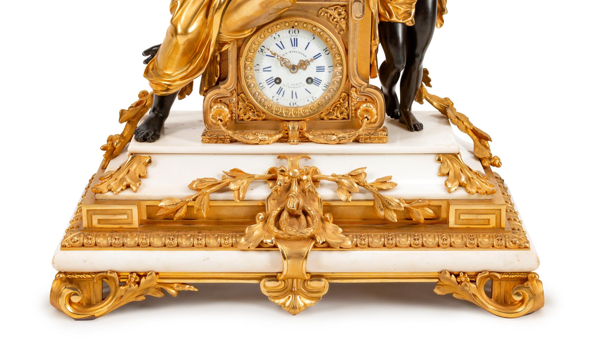 A Napoleon III Parcel-Gilt, Patinated Bronze and Marble Three-Piece Clock Garniture — THE DIAL INSCRIBED J B MARCHAND, PARIS, 19TH CENTURY