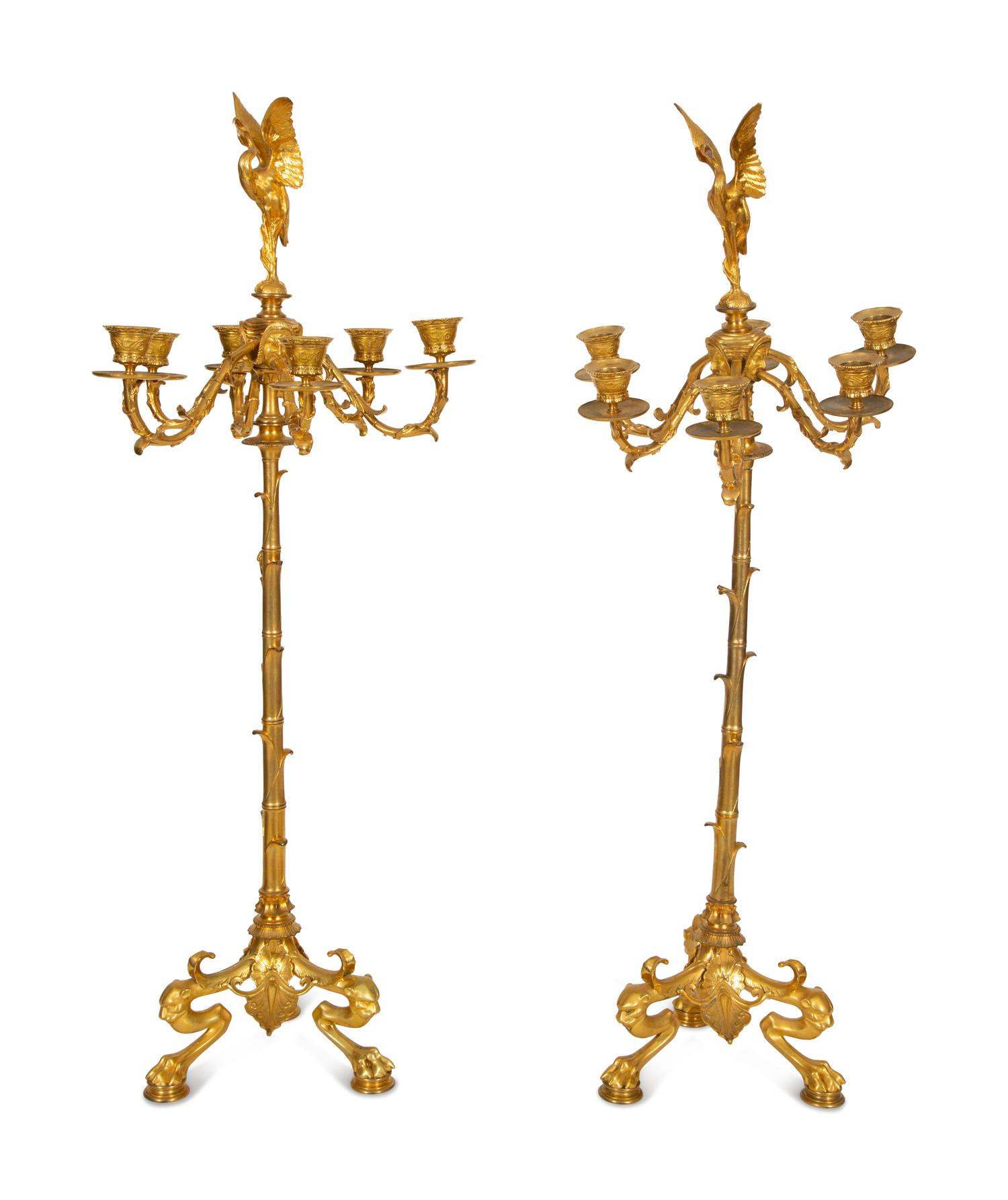 A Pair of Neoclassical Gilt Bronze Six-Light Candelabra