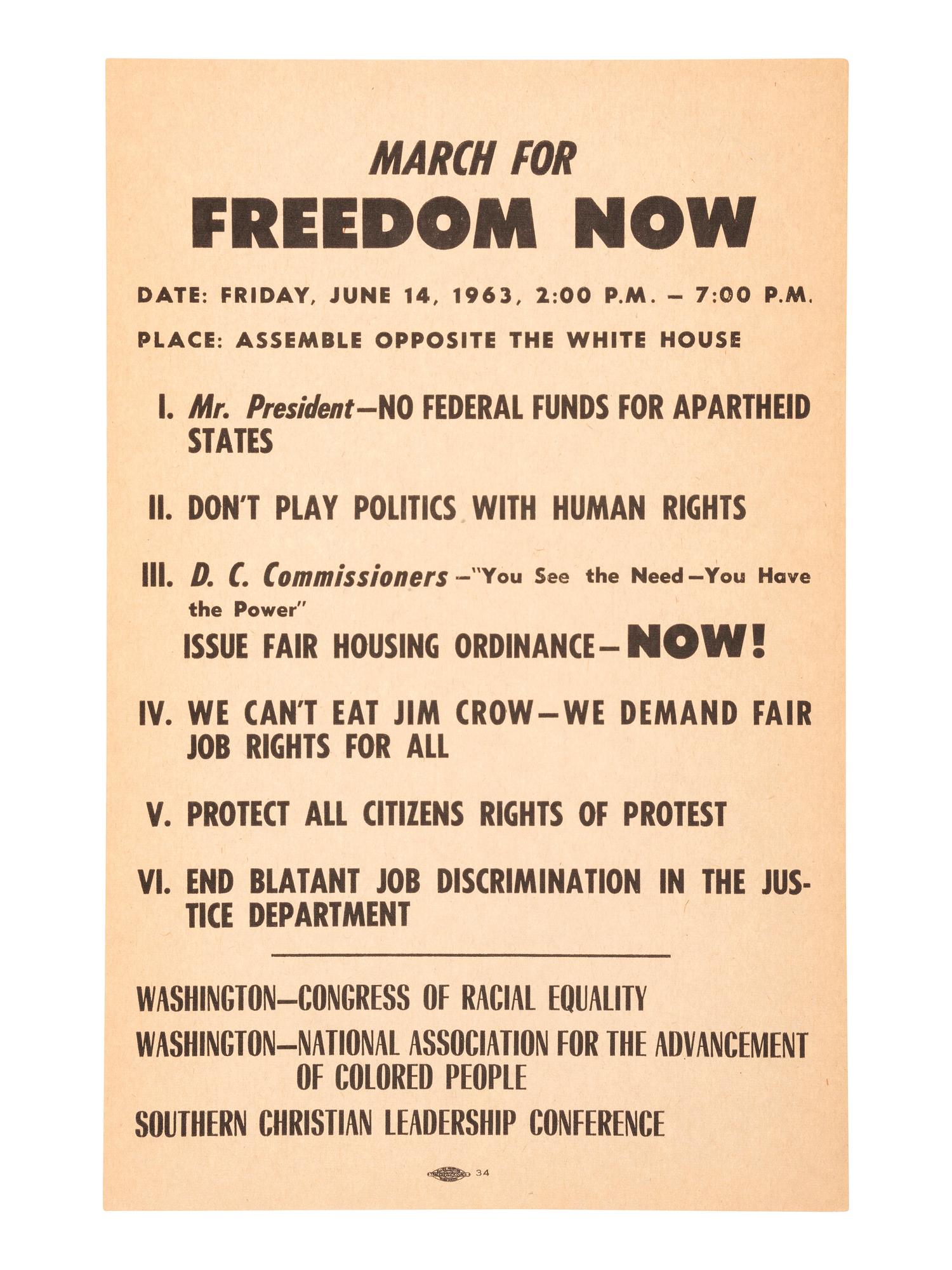 [CIVIL RIGHTS]. March for Freedom Now...Assemble Opposite the White House . [Washington, DC], 14 June 1963. Handbill for march scheduled three days after John F. Kennedy's televised civil rights address.