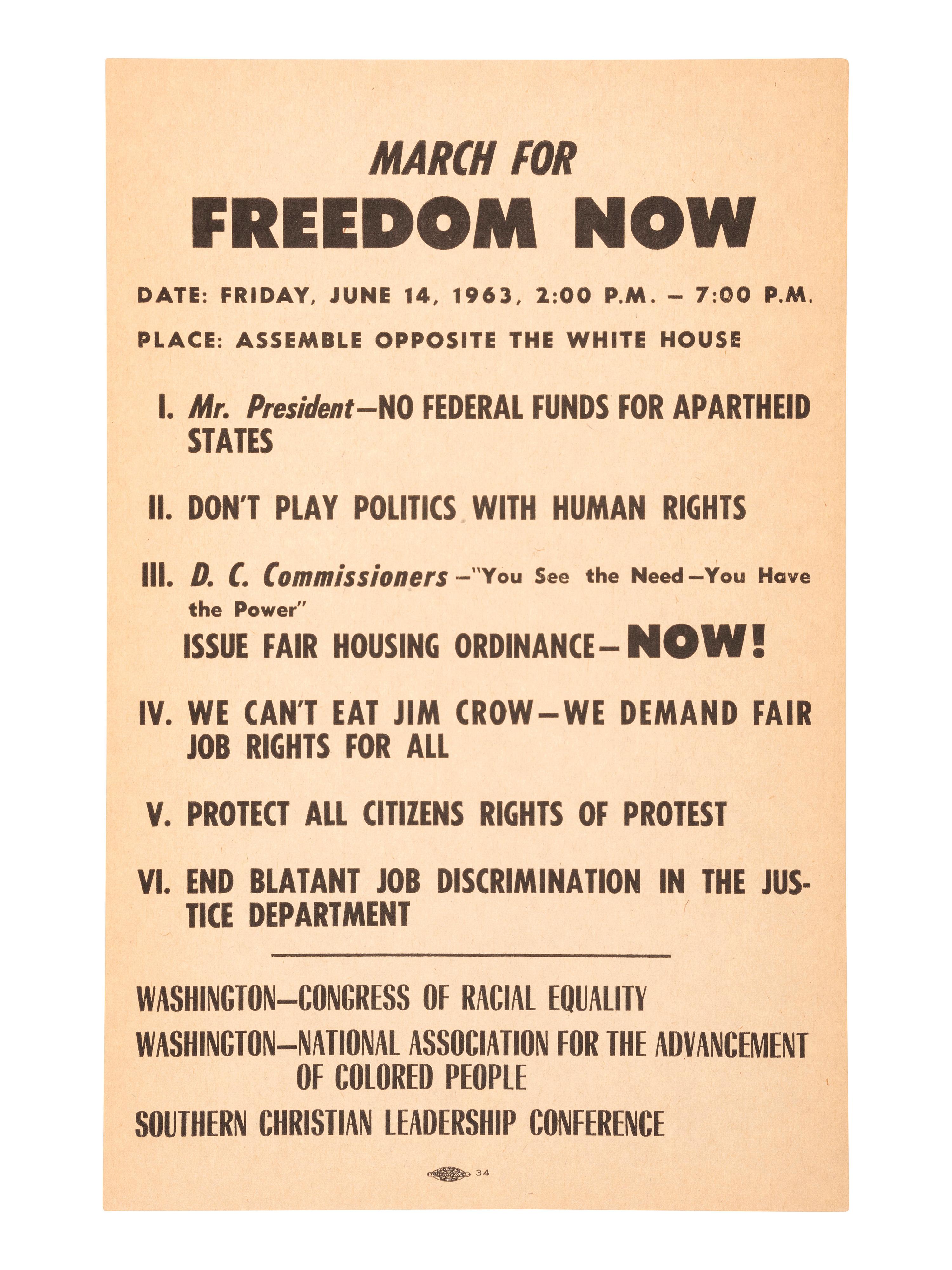 [CIVIL RIGHTS]. March for Freedom Now...Assemble Opposite the White House . [Washington, DC], 14 June 1963. Handbill for march scheduled three days after John F. Kennedy's televised civil rights address.