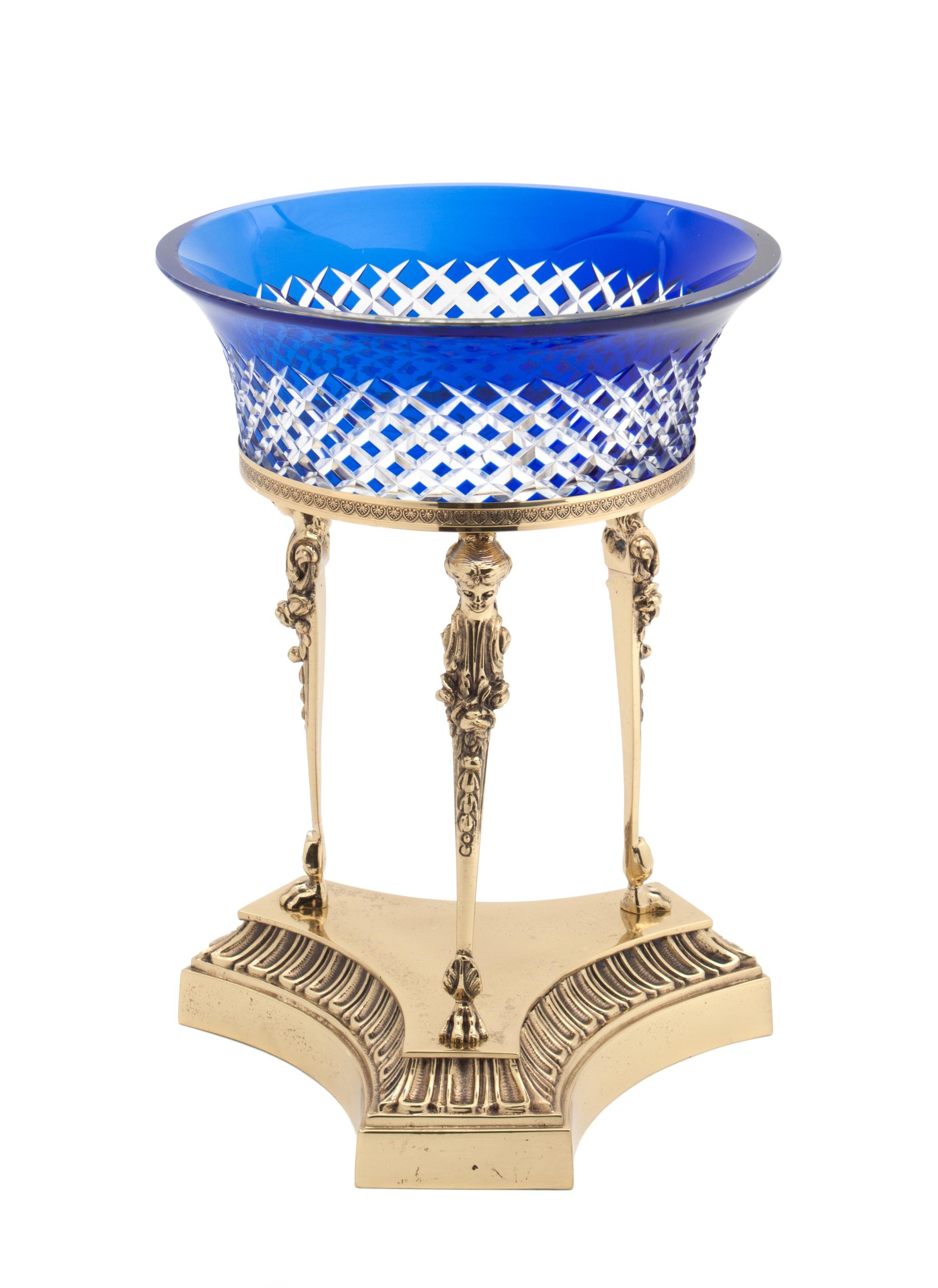 A Blue and White Cut to Clear Glass Bowl Height 11 inches.
