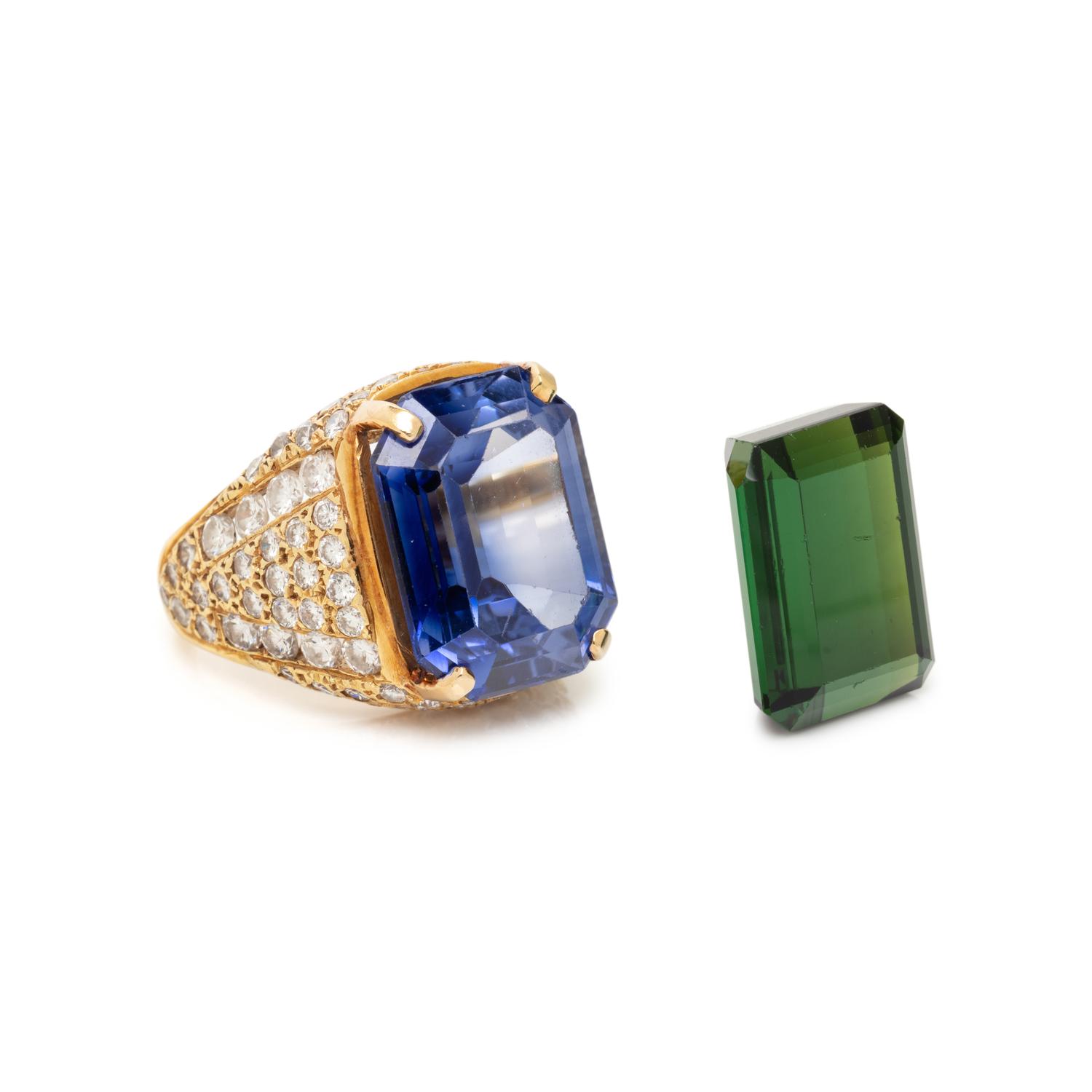 YELLOW GOLD, SYNTHETIC SAPPHIRE AND DIAMOND RING & LOOSE TOURMALINE