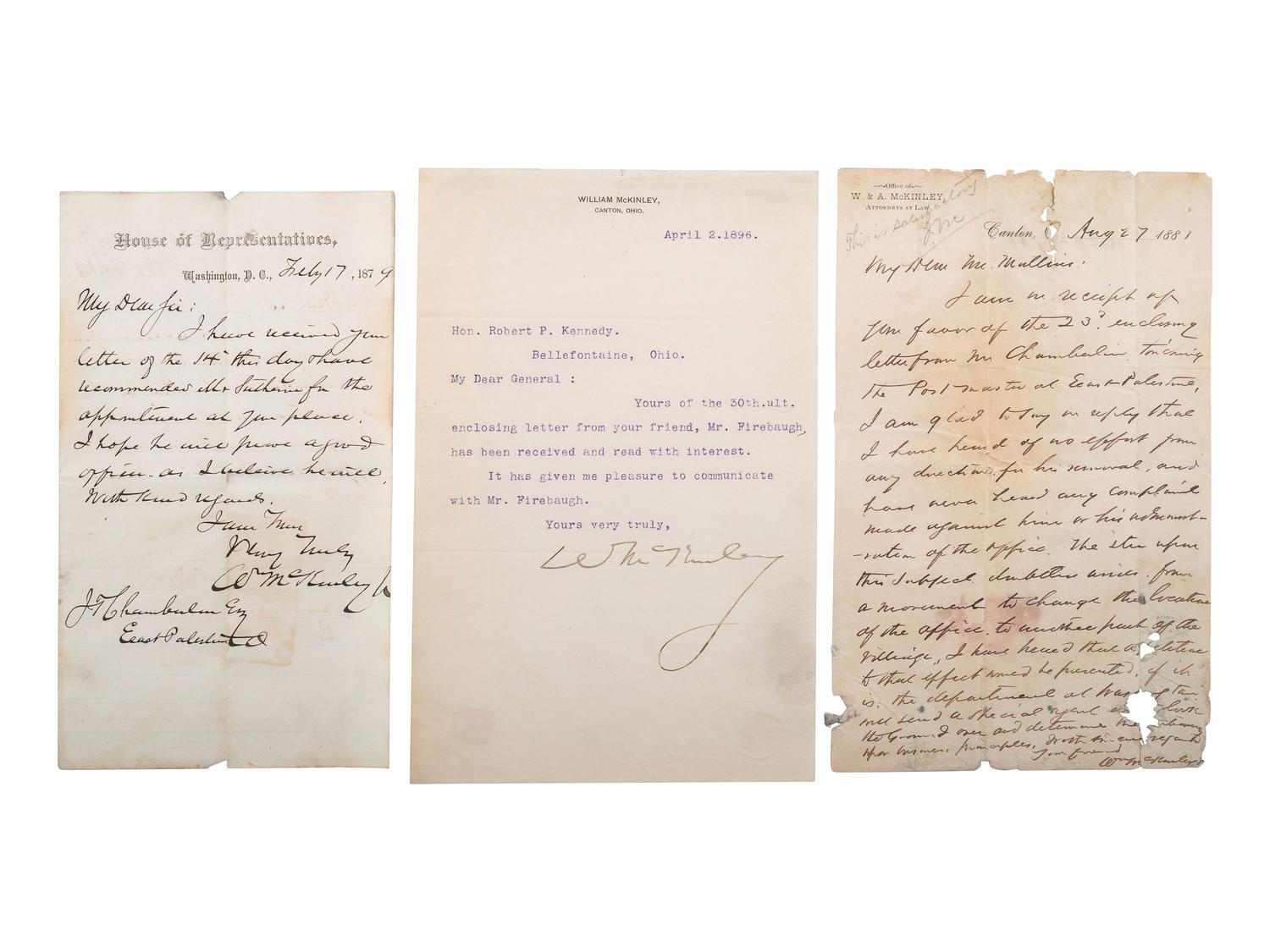 McKINLEY, William (1843-1901). 2 autograph letters signed and 1 typed letter signed. 1879-1896.