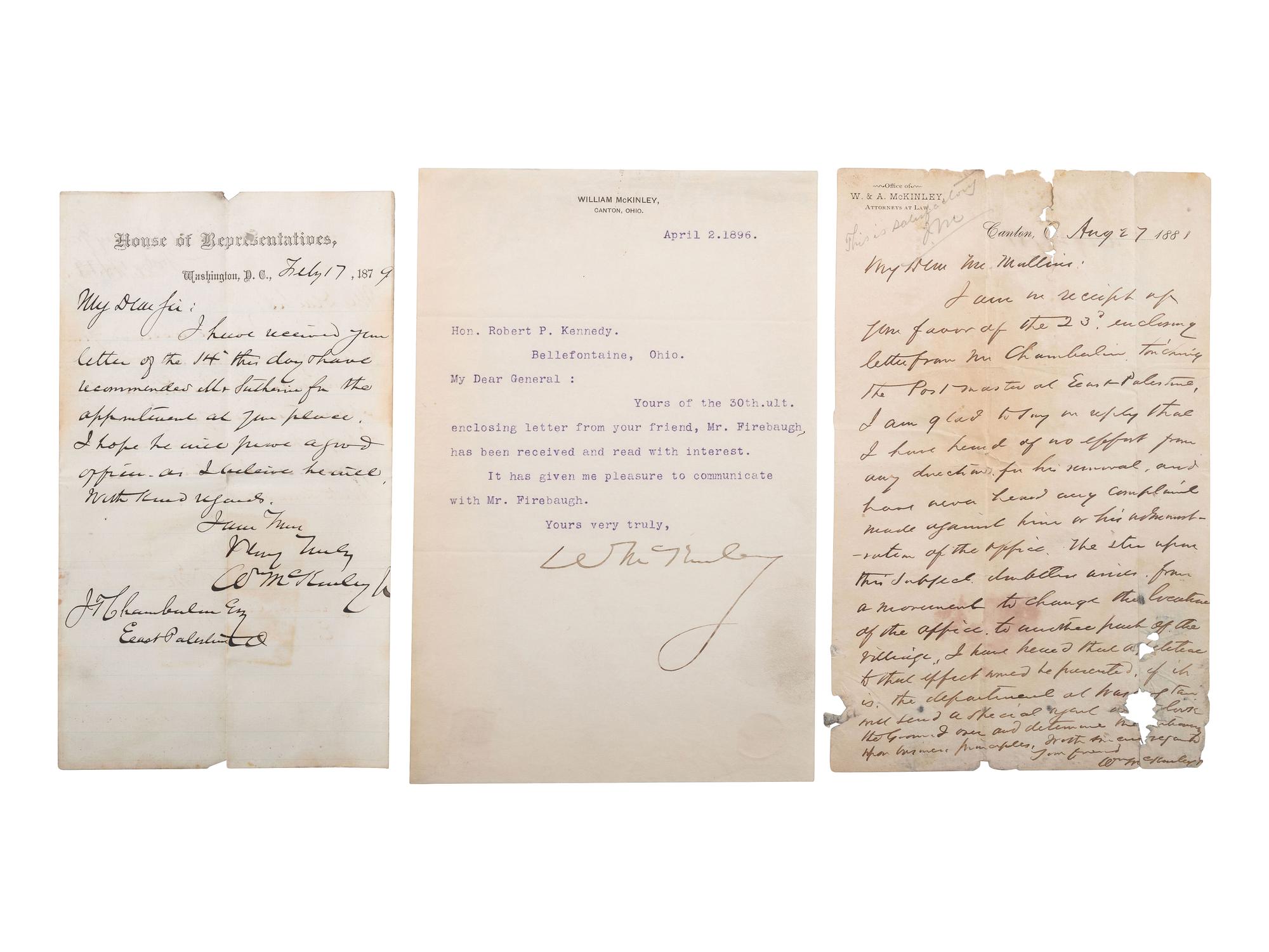 McKINLEY, William (1843-1901). 2 autograph letters signed and 1 typed letter signed. 1879-1896.