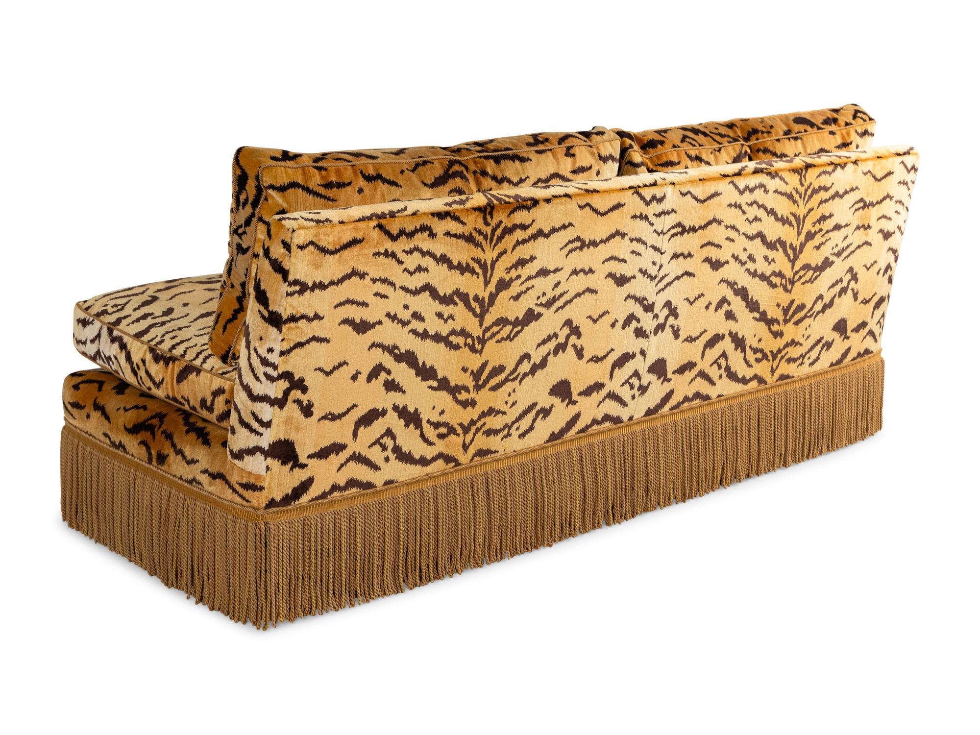 Two Tiger Velvet-Upholstered Banquette Sofas