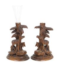 A Pair of Black Forest Style Carved Wood Candle Bases Height 13 1/2 x width 9 x depth 7 inches. — 20TH CENTURY