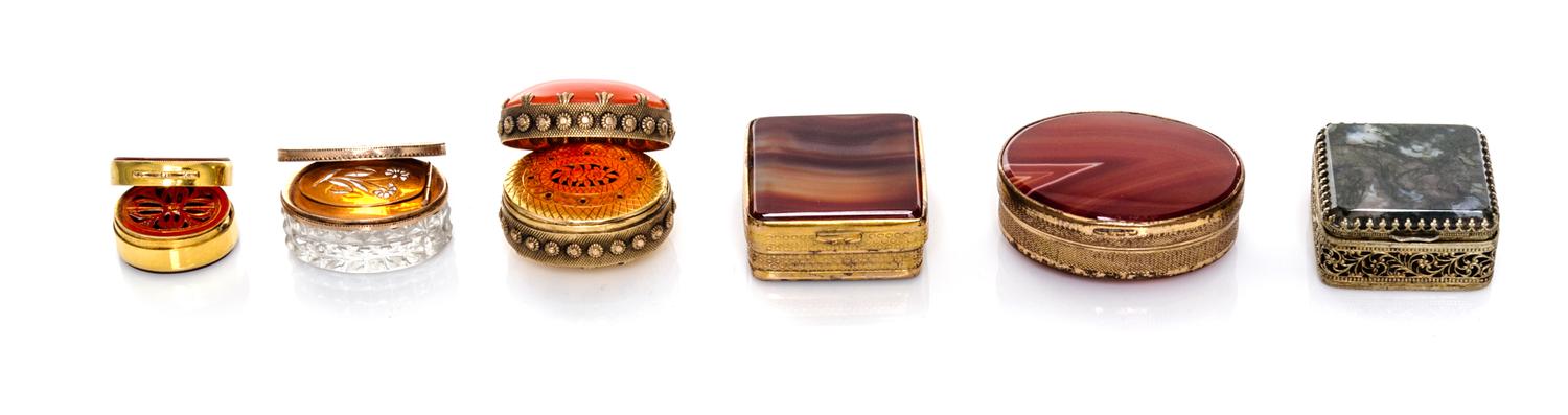 A Collection of Six Hardstone Inset Boxes, 19th/20th Century, comprising three oval, two square and one round.