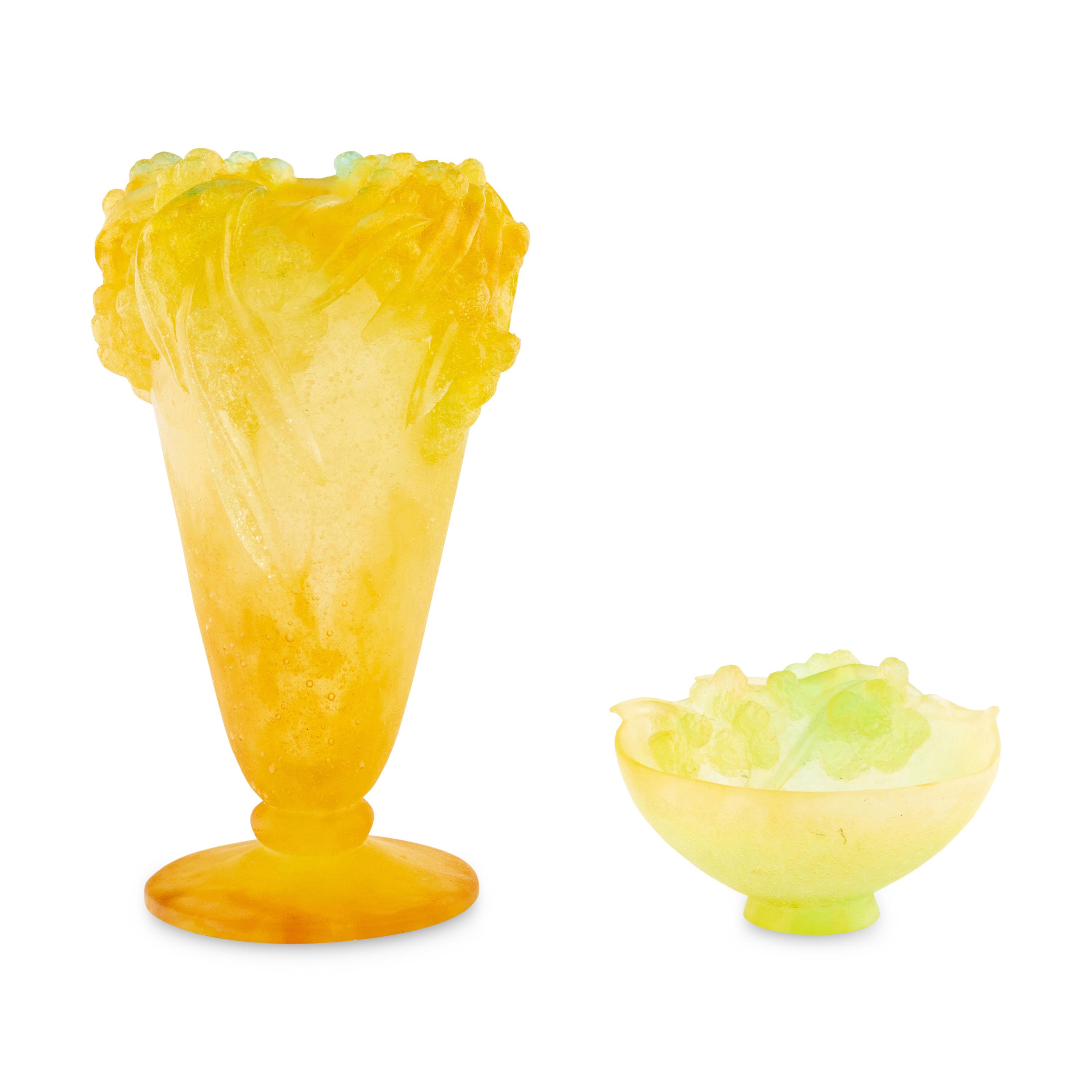 A Daum Pâte-de-Verre Mimosa Vase and Dish