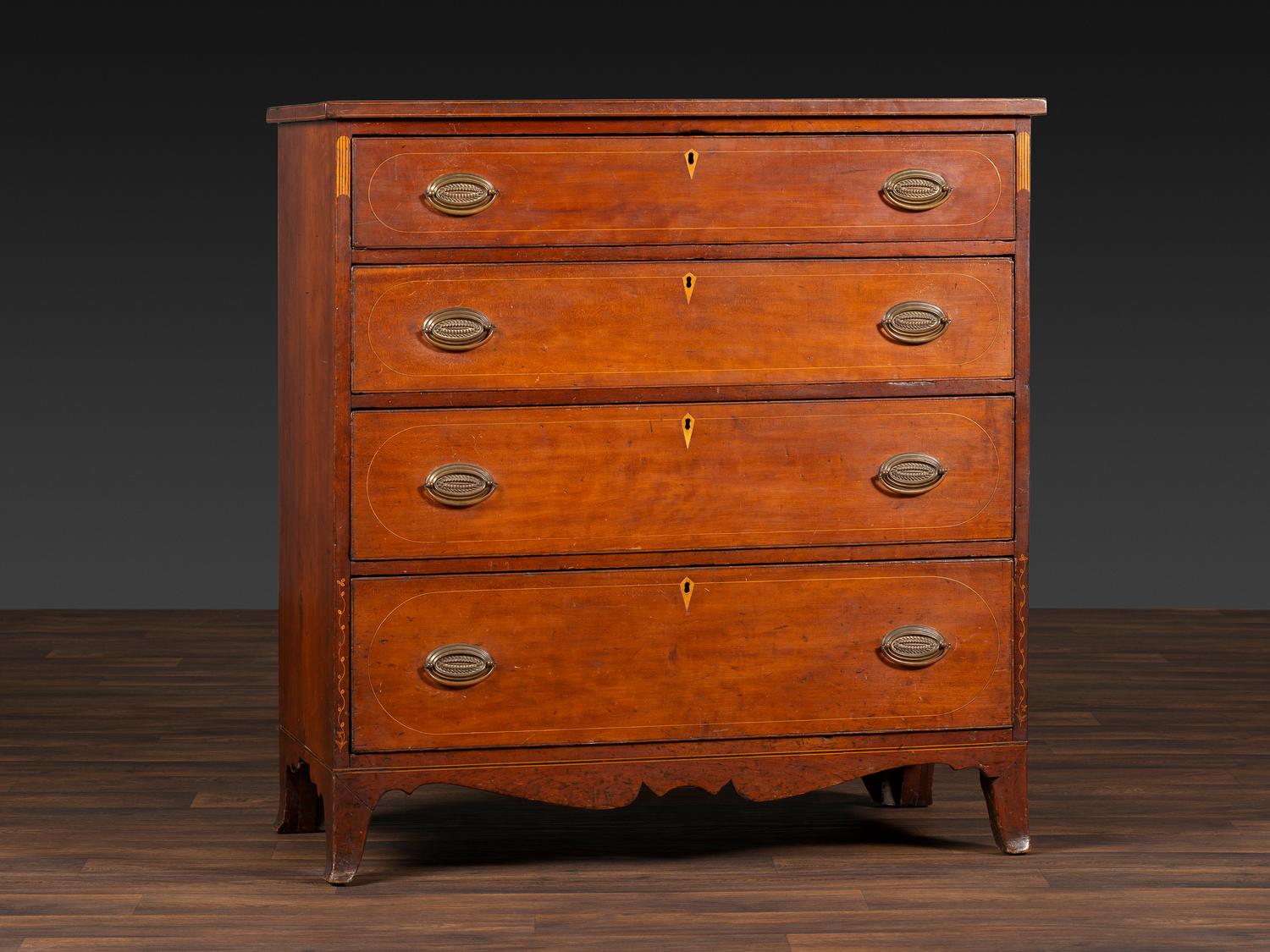A Federal Bookend, Vine and Leaf Inlaid Cherrywood Chest of Drawers