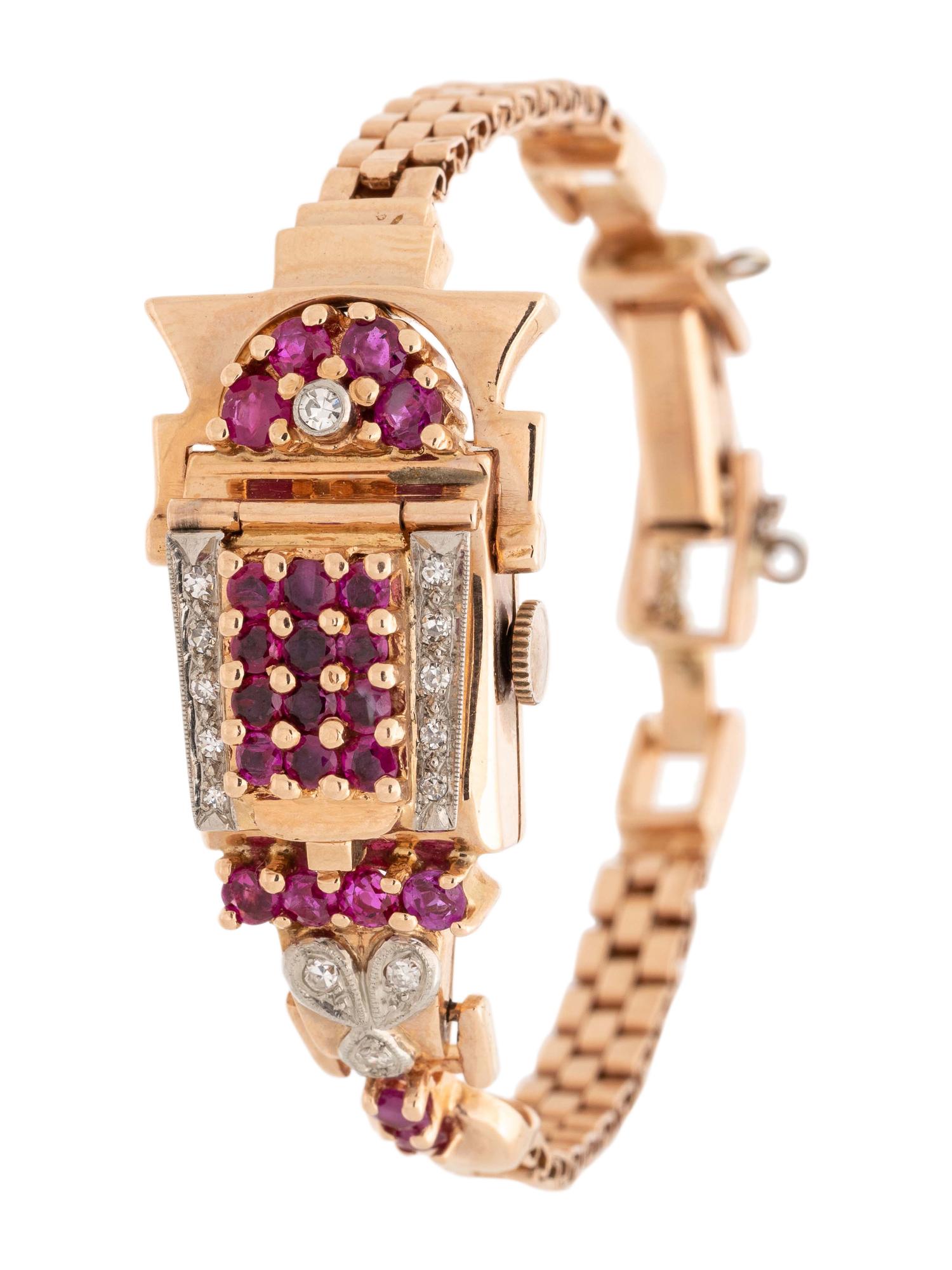 RETRO, 14K PINK GOLD, RUBY AND DIAMOND SURPRISE WRISTWATCH