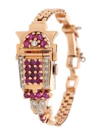 RETRO, 14K PINK GOLD, RUBY AND DIAMOND SURPRISE WRISTWATCH