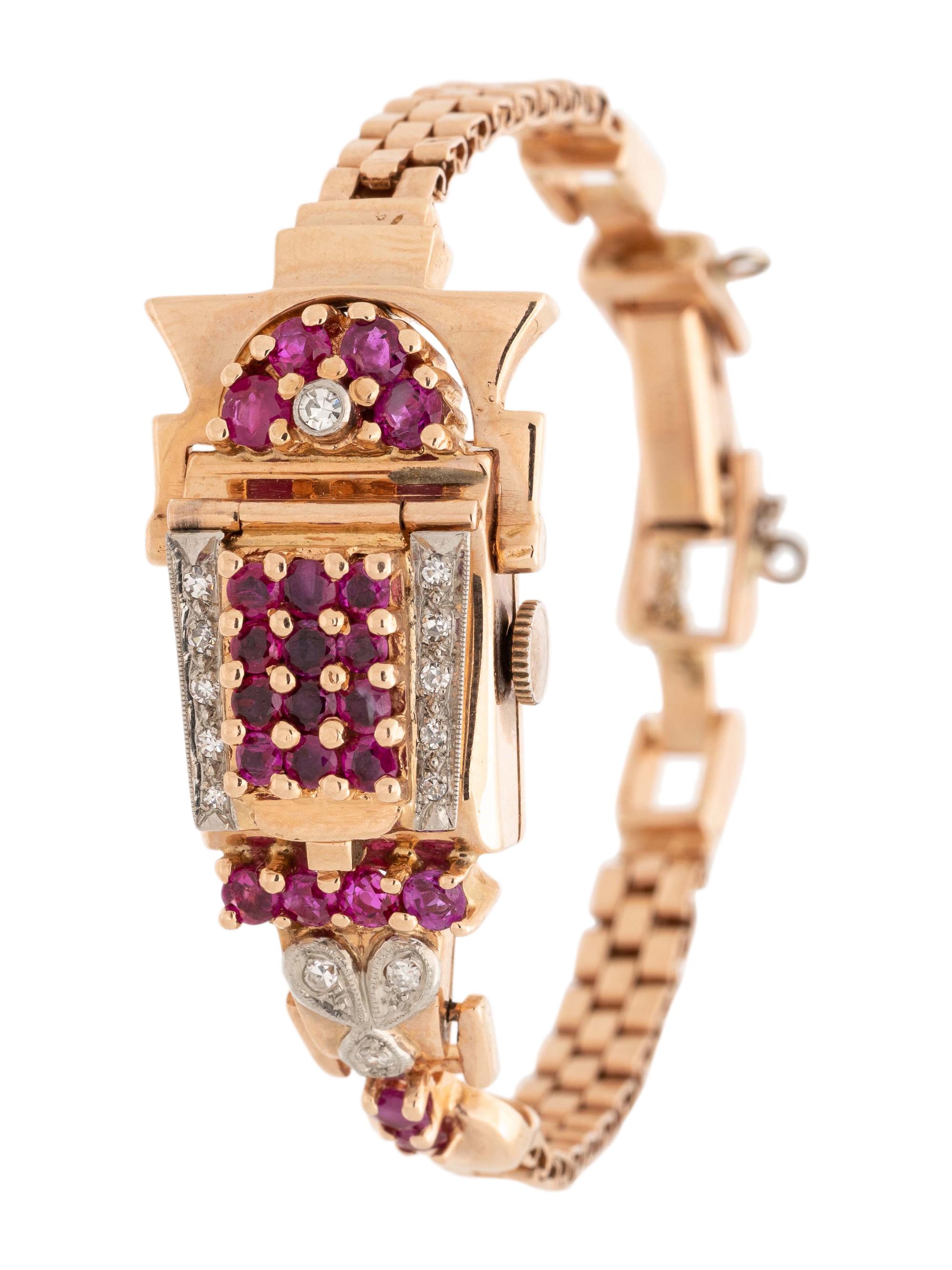 RETRO, 14K PINK GOLD, RUBY AND DIAMOND SURPRISE WRISTWATCH