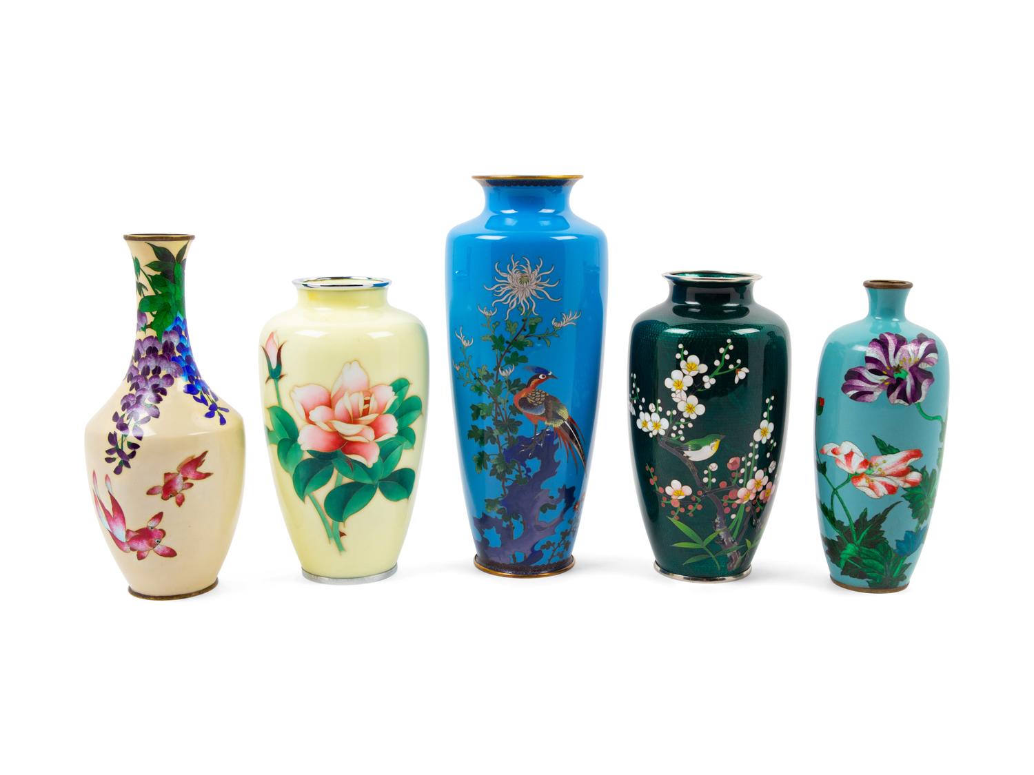 Five Japanese Cloisonné Enamel Bottle Vases