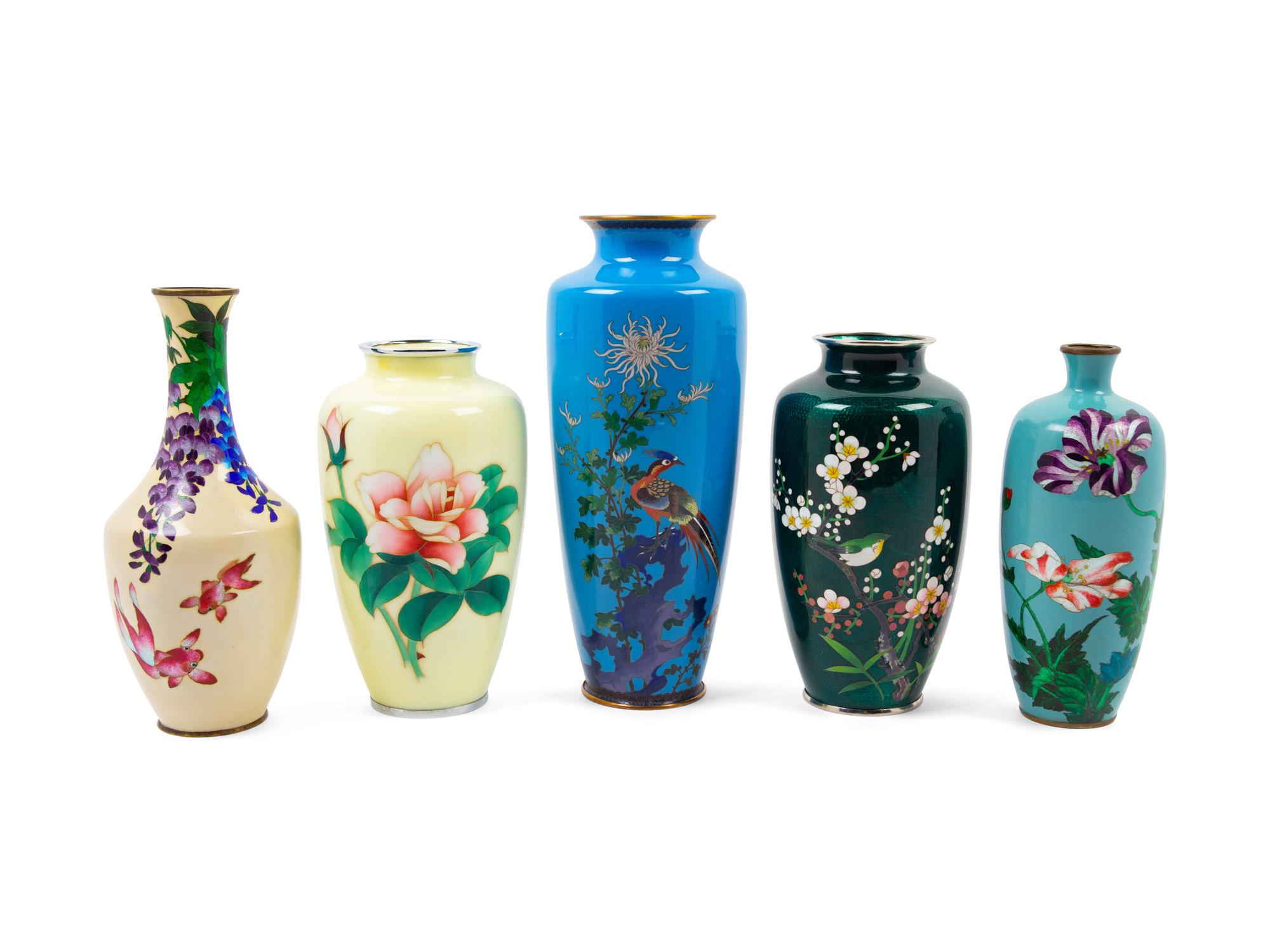 Five Japanese Cloisonné Enamel Bottle Vases