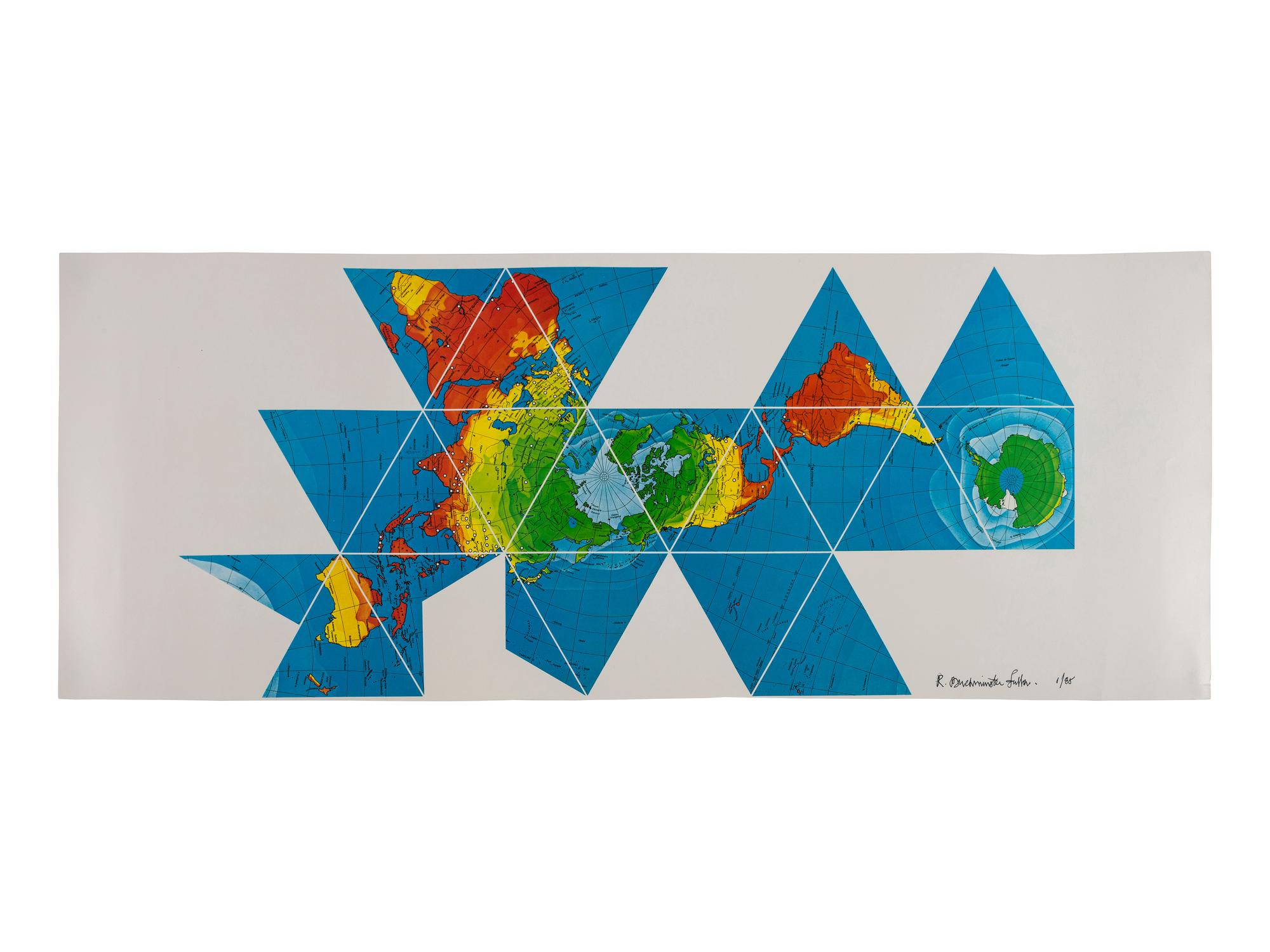 FULLER, R. Buckminster (1895-1983). A collection of 6 Dymaxion map posters, one SIGNED by Fuller and one with notations in his hand.