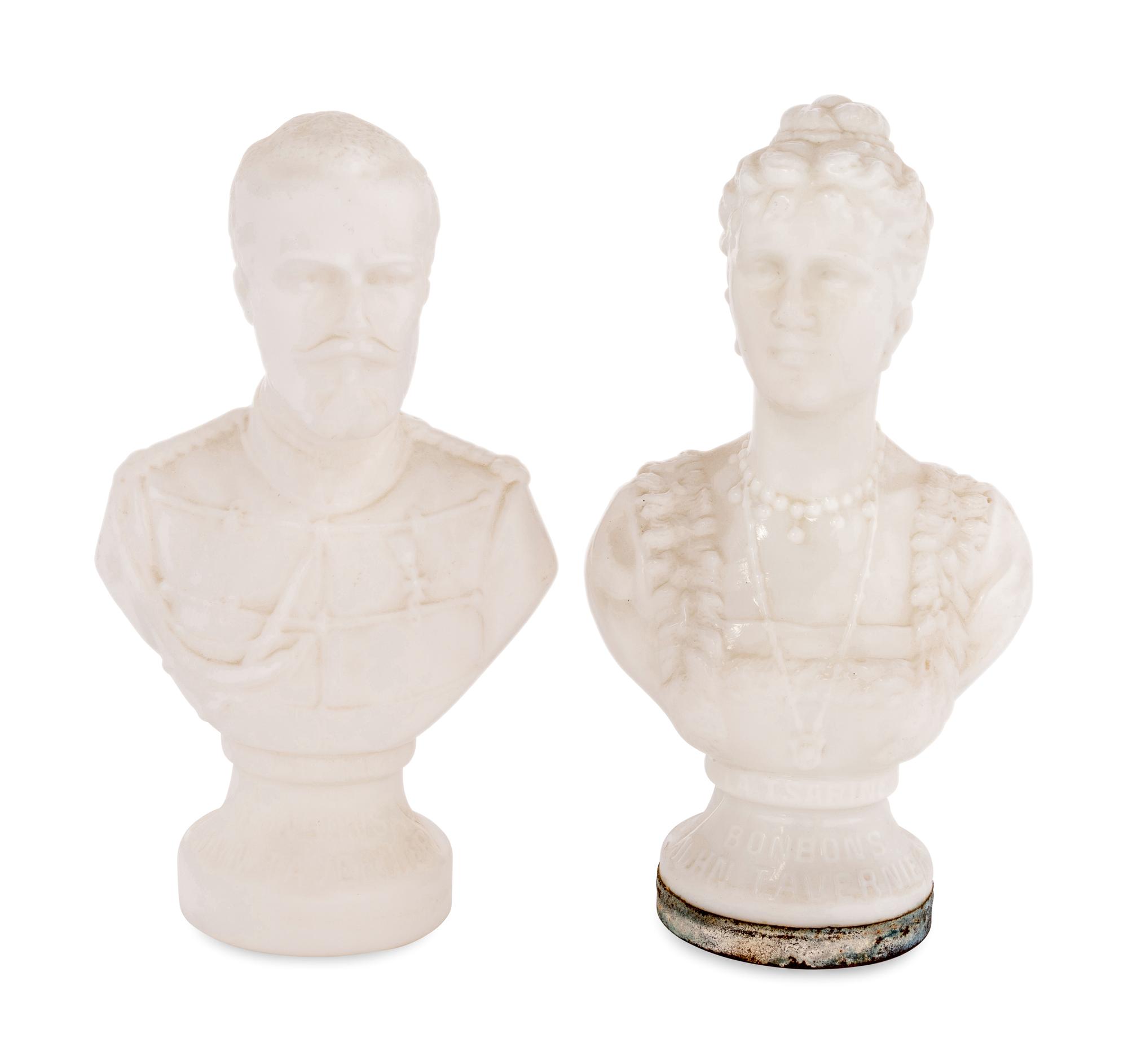 A Pair of French Milk Glass Portrait Busts of Czar Nicholas II and Empress Alexandra