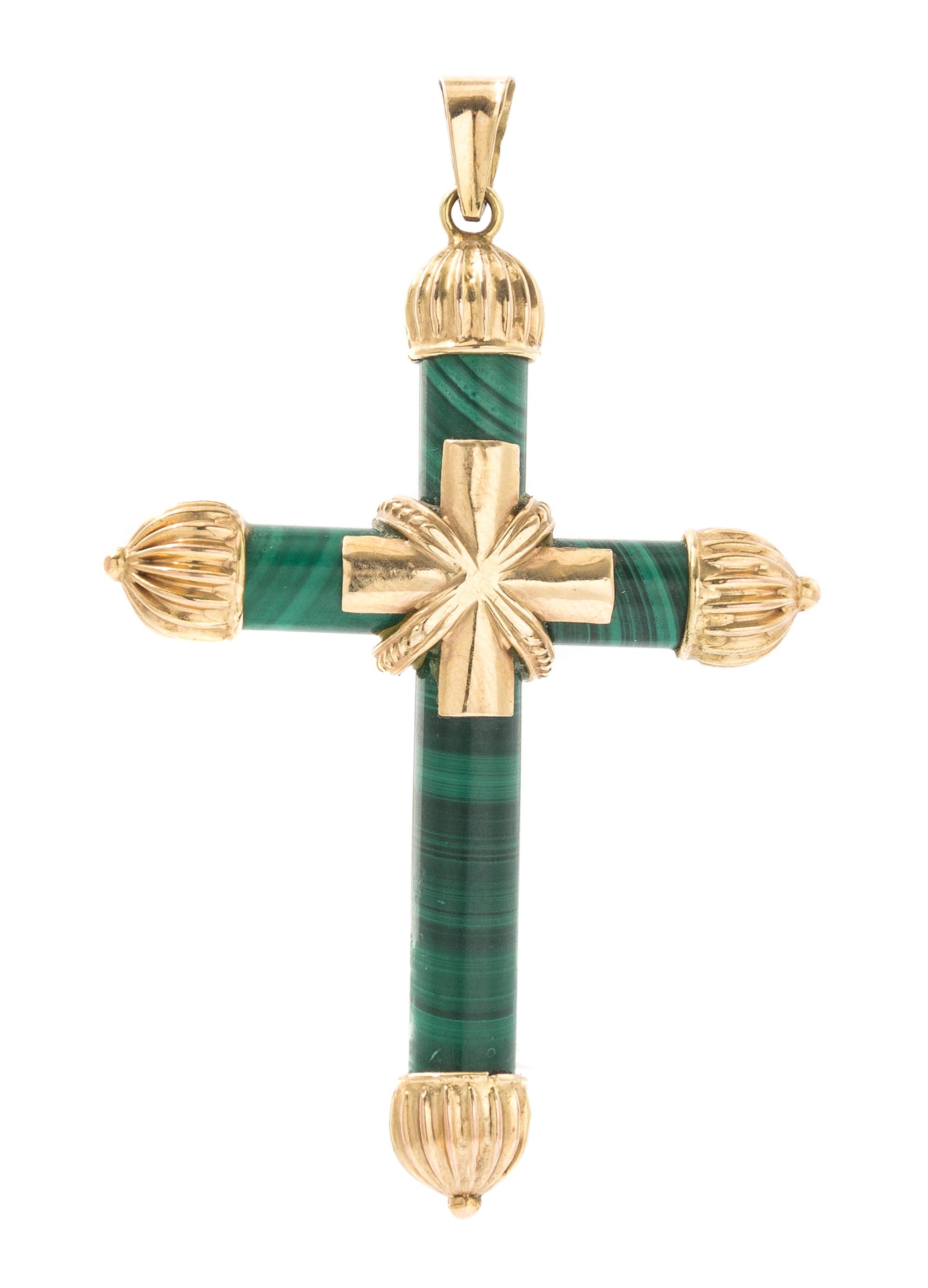 A 14 Karat Yellow Gold and Malachite Cross Pendant, 8.30 dwts.