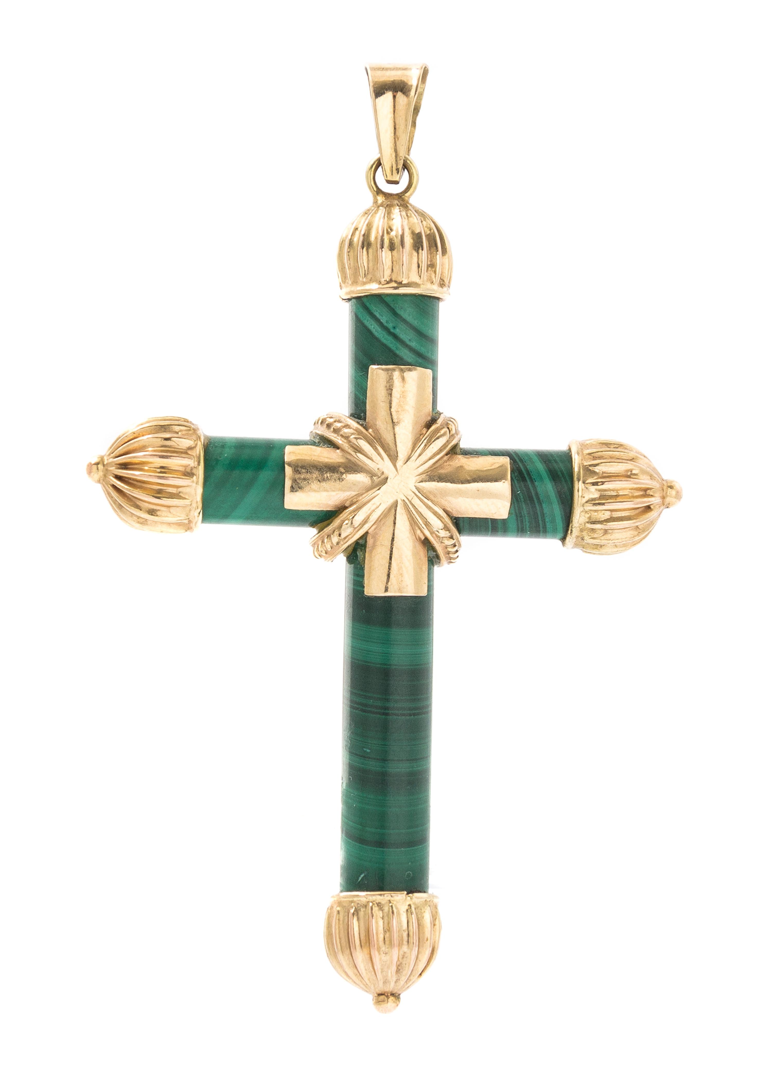 A 14 Karat Yellow Gold and Malachite Cross Pendant, 8.30 dwts.