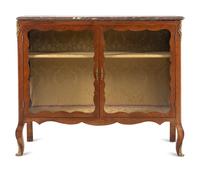 A Louis XV Style Gilt Bronze Mounted Bookmatched Mahogany Marble-Top Bookcase