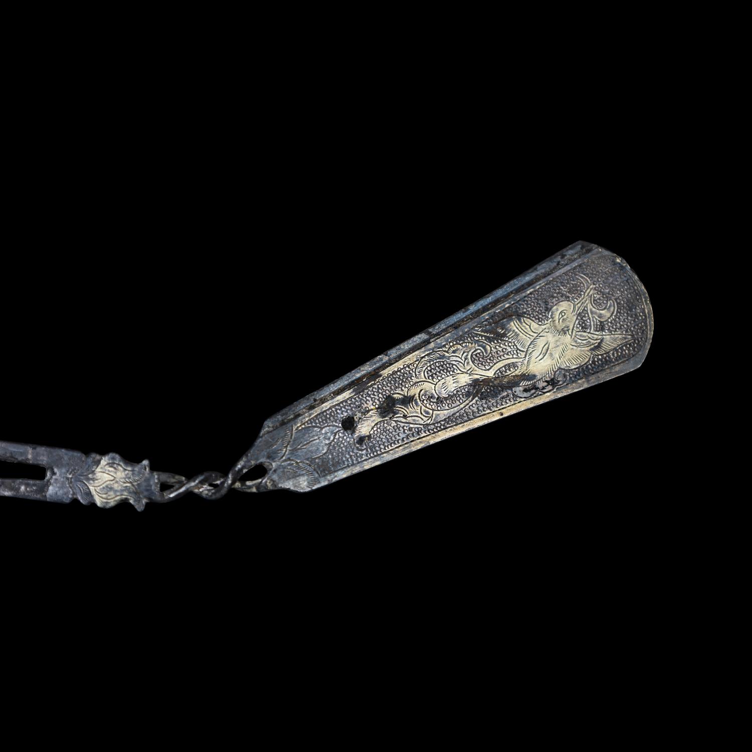 A Pair of Chinese Parcel Gilt Silver 'Bird and Foliate' Hairpins, Chai, Tang Dynasty 唐 鎏金卷草飛鳥紋銀釵一對