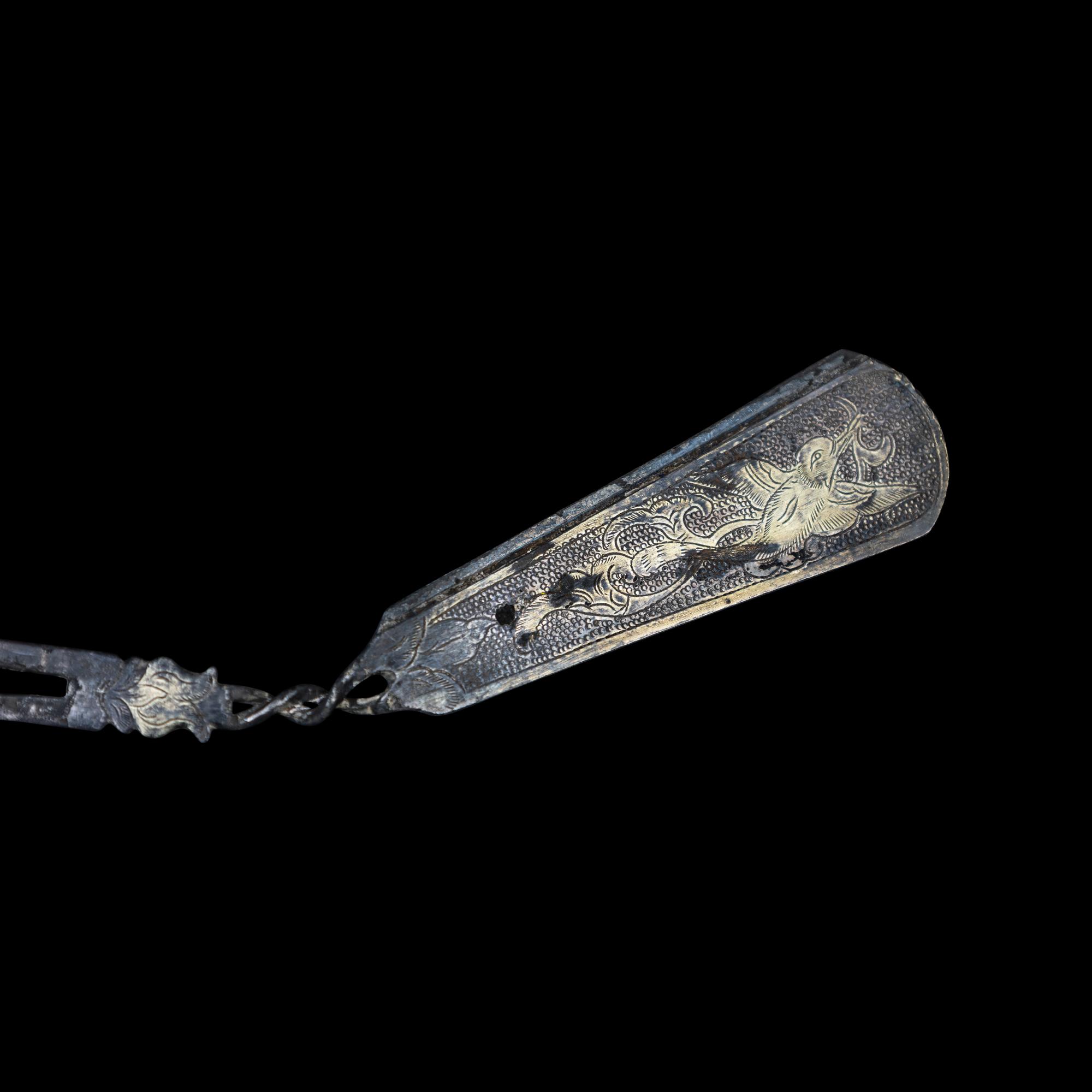 A Pair of Chinese Parcel Gilt Silver 'Bird and Foliate' Hairpins, Chai, Tang Dynasty 唐 鎏金卷草飛鳥紋銀釵一對