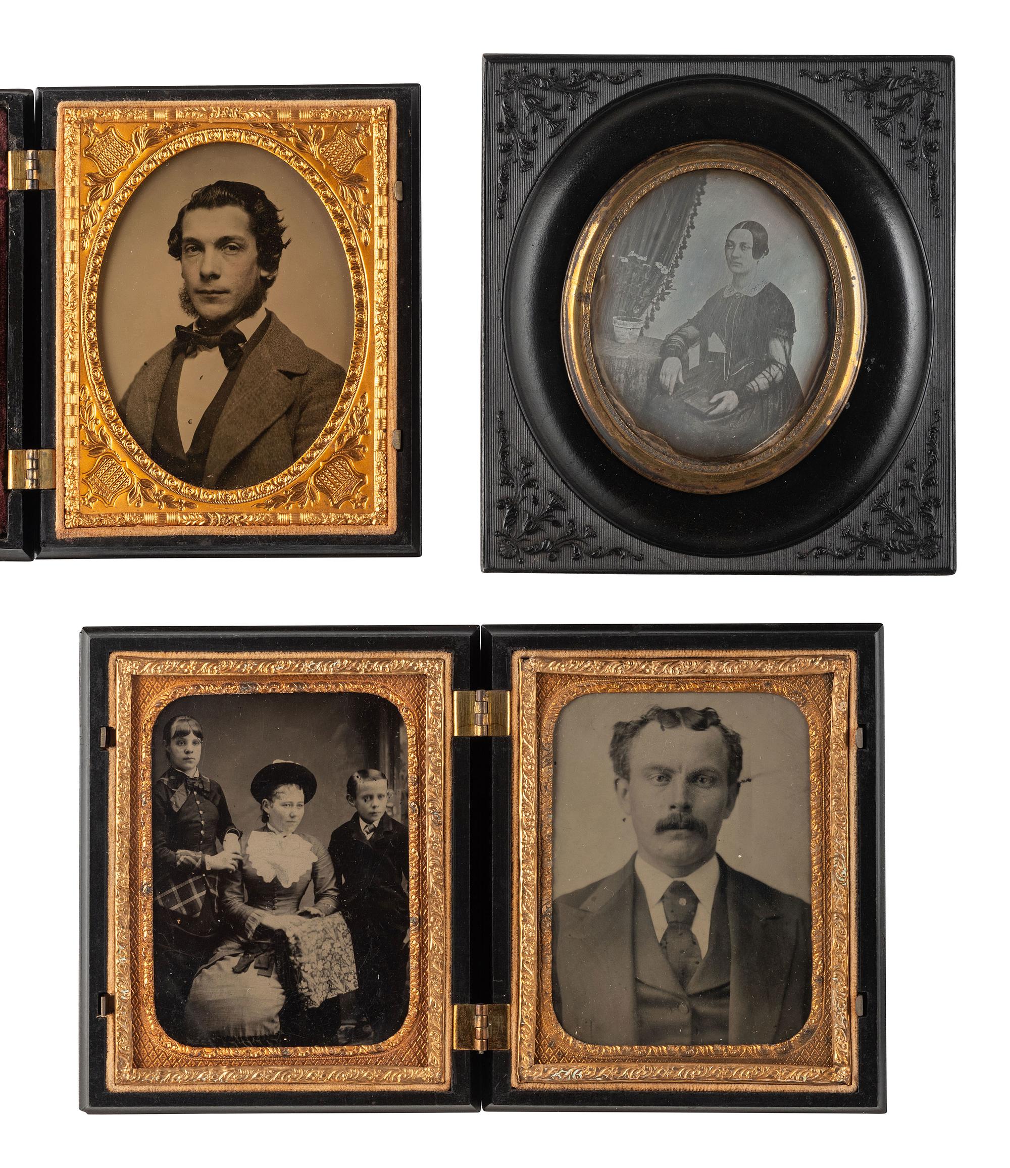 [EARLY PHOTOGRAPHY]. 5 quarter plate Union cases and one Union wall frame, all containing portraits.