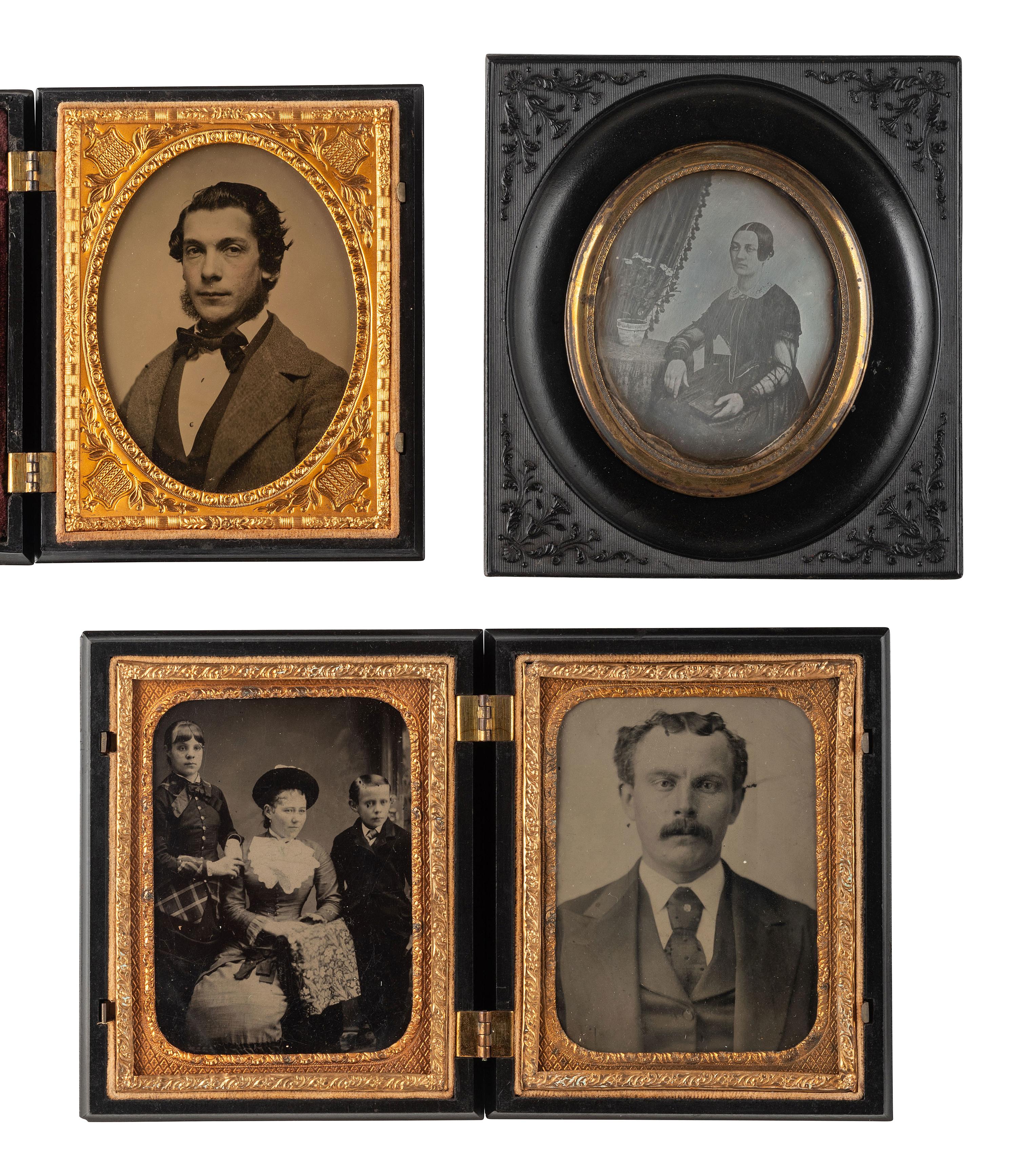 [EARLY PHOTOGRAPHY]. 5 quarter plate Union cases and one Union wall frame, all containing portraits.