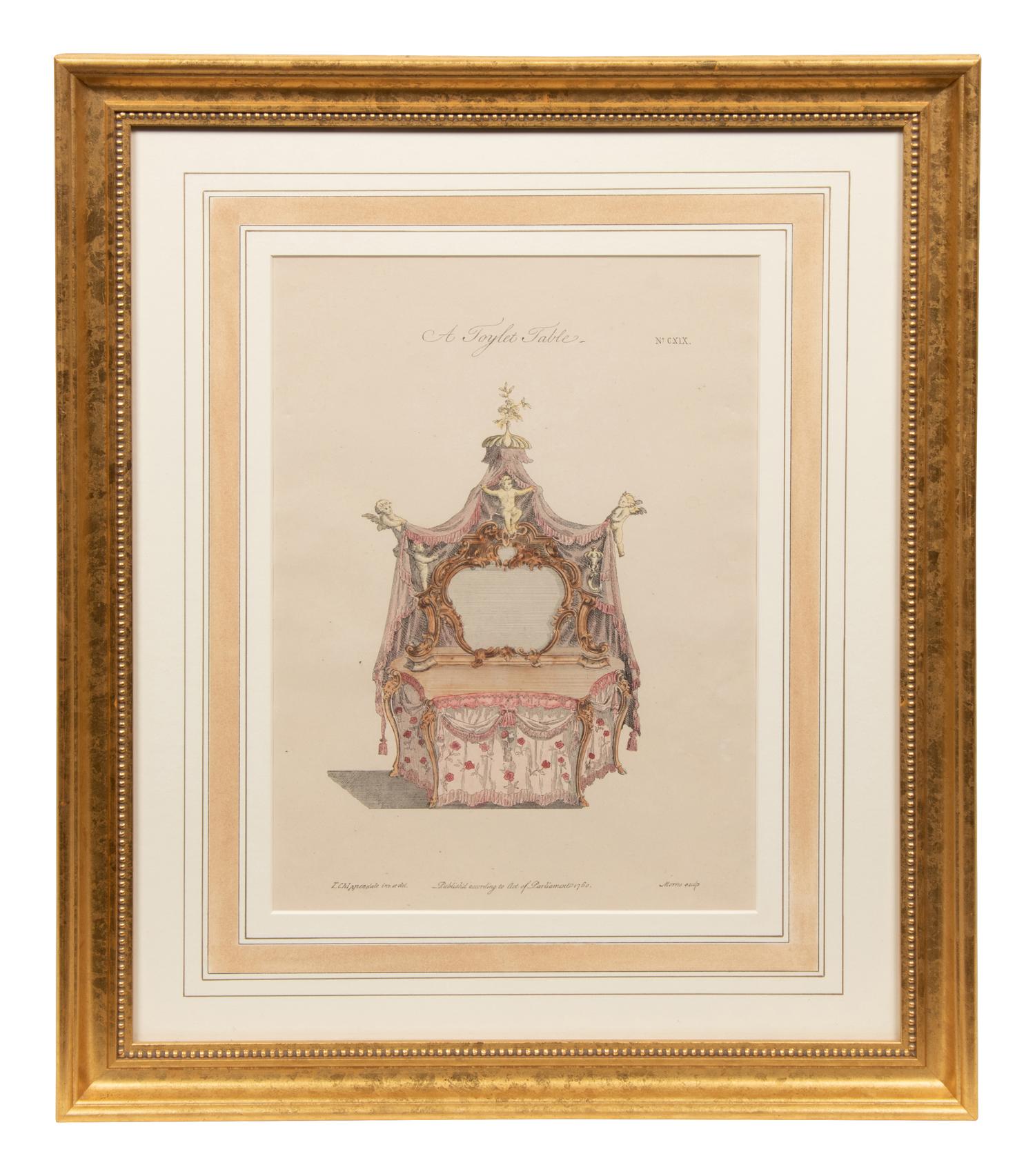 A Set of Eleven Giltwood-Framed French Colored Furniture Engravings