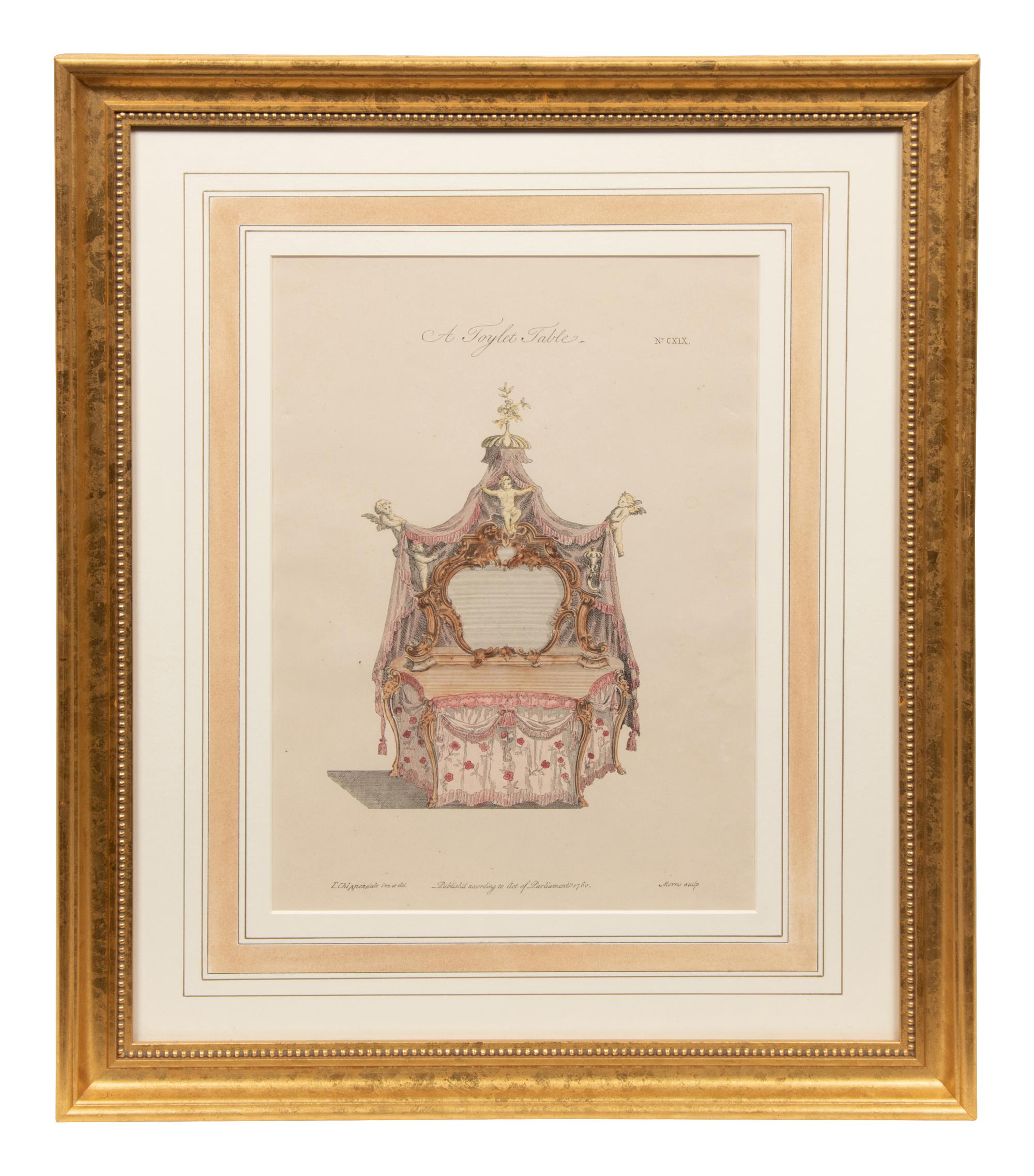 A Set of Eleven Giltwood-Framed French Colored Furniture Engravings