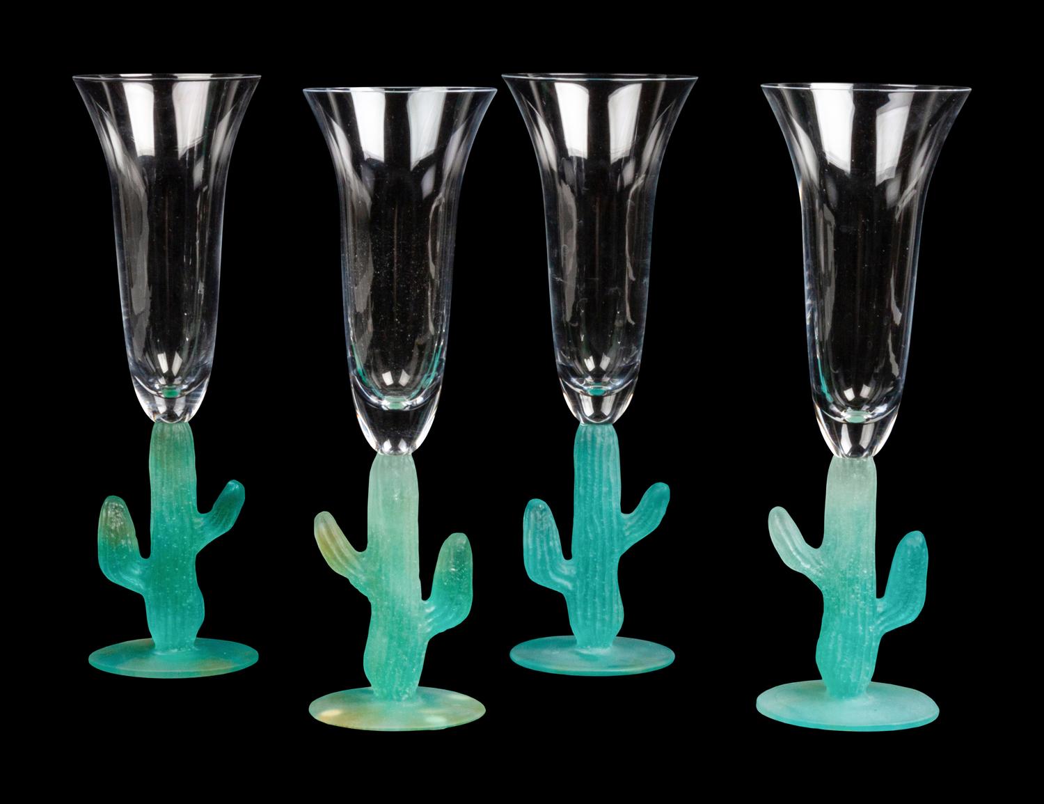 A Set of Four Daum Pate-de-Verre Cactus Champagne Flutes