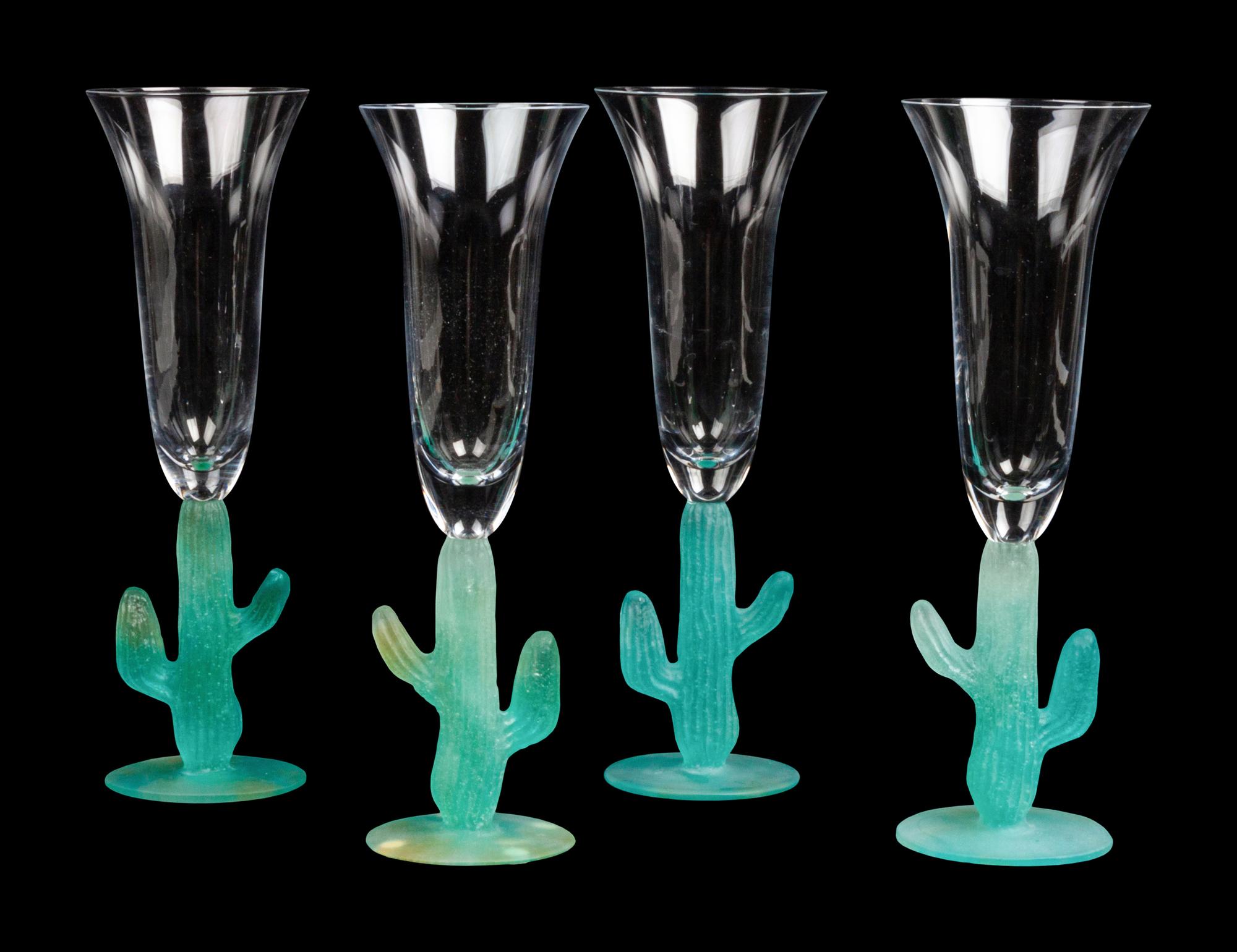A Set of Four Daum Pate-de-Verre Cactus Champagne Flutes