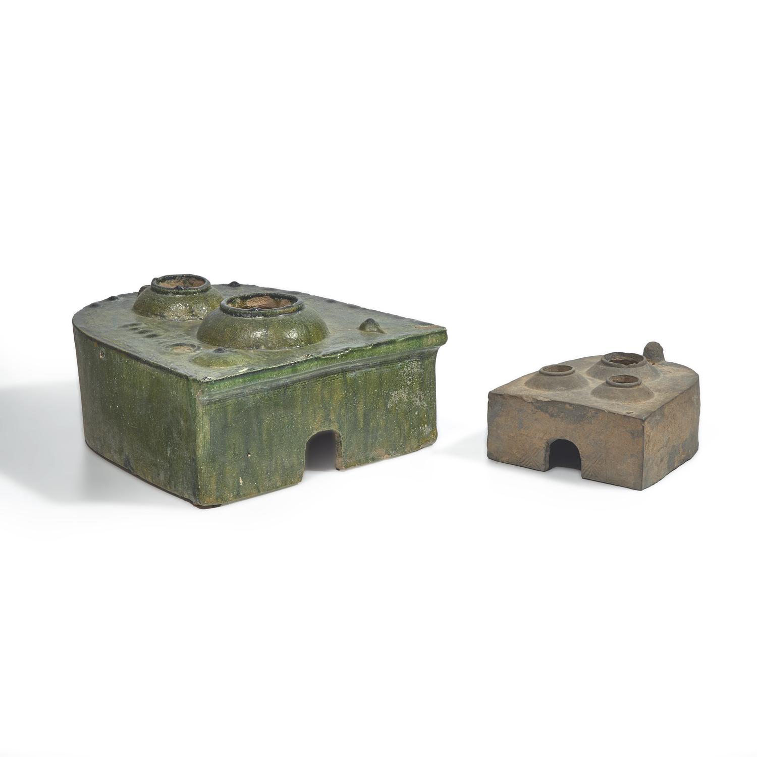 Two Chinese Green Glazed Pottery Models of Stoves, Han Dynasty 漢 綠釉陶爐兩件