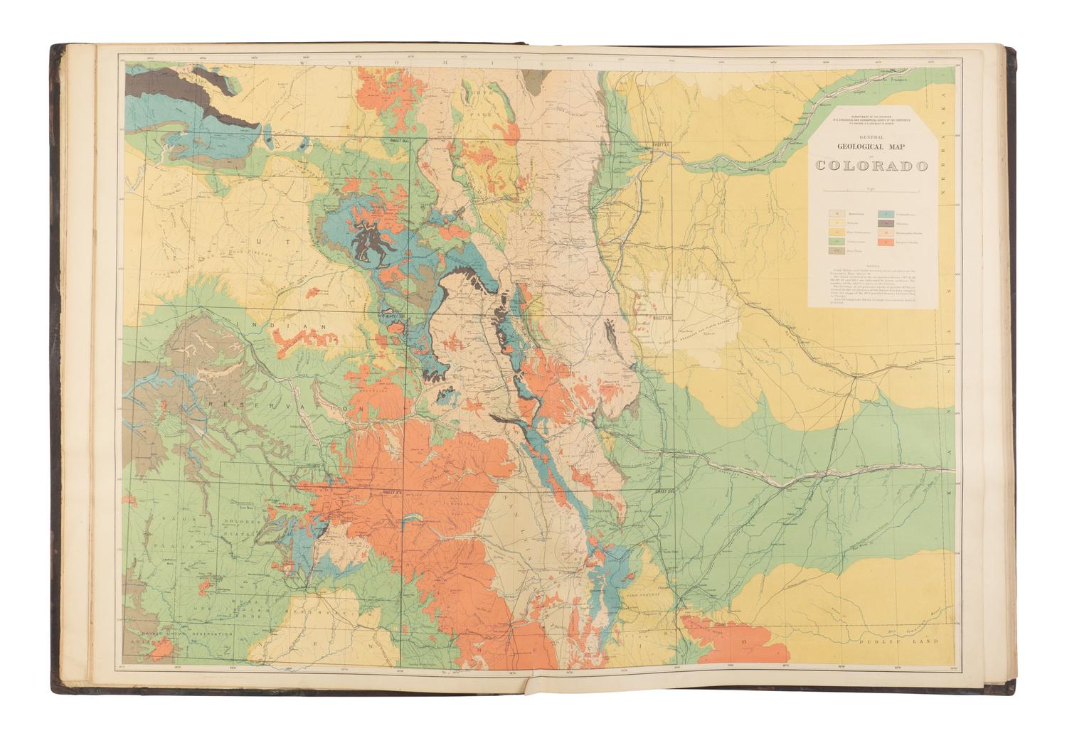 HAYDEN, Ferdinand Vandeveer (1829-1887). Geological and Geographical Atlas of Colorado and Portions of Adjacent Territory . Washington D.C. and New York: Department of the Interior United States Geographical Survey; Julius Bien & Co., 1881.