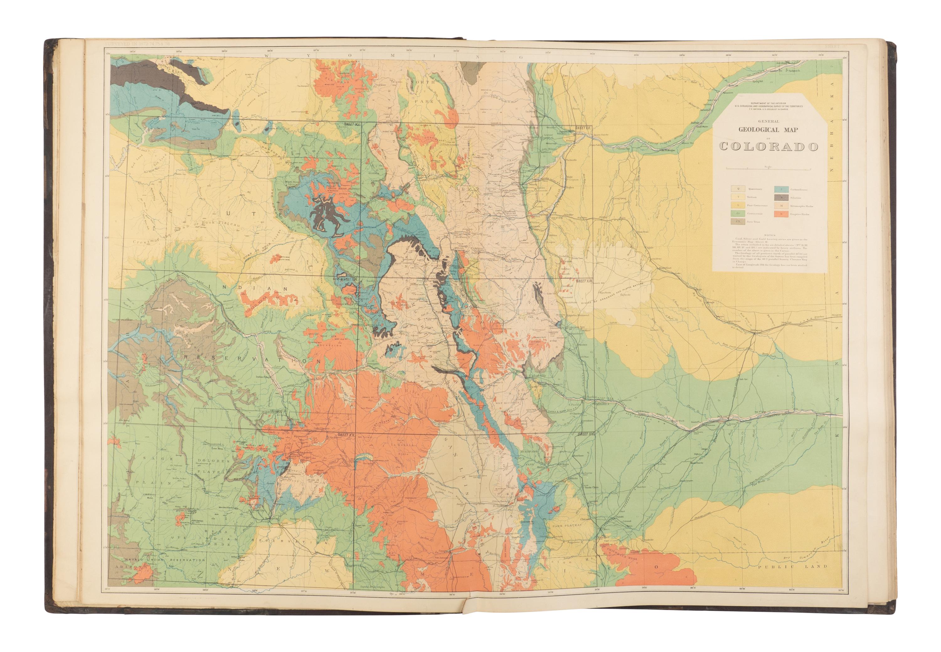 HAYDEN, Ferdinand Vandeveer (1829-1887). Geological and Geographical Atlas of Colorado and Portions of Adjacent Territory . Washington D.C. and New York: Department of the Interior United States Geographical Survey; Julius Bien & Co., 1881.