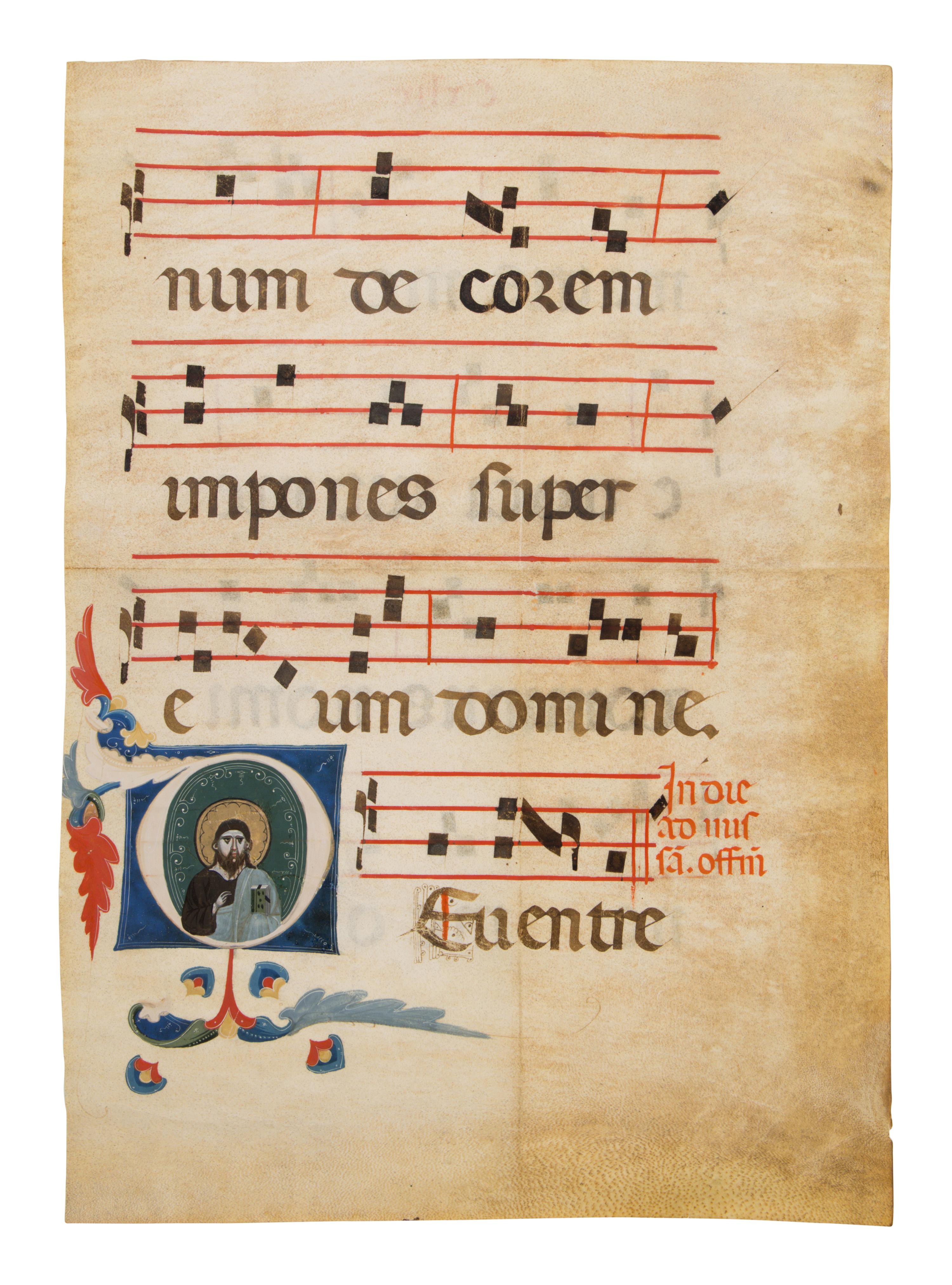 WORKSHOP OF SAN DOMENICO (DECORATOR B ) (active Bologna, first quarter of the 14 th century) Leaf with a historiated initial ‘D’ of Saint John the Baptist from a Gradual, in Latin, illuminated manuscript on parchment [Italy, Bologna, c. 1310–1330]