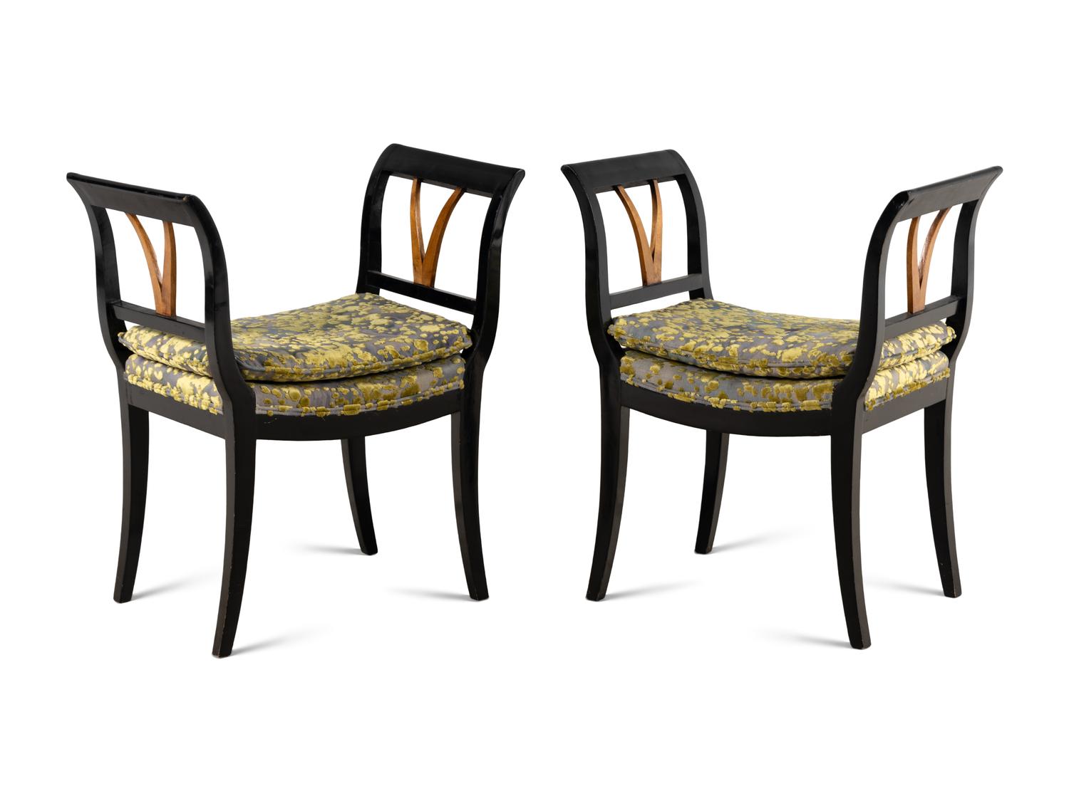 A Pair of Neoclassical Ebonized Curule Benches