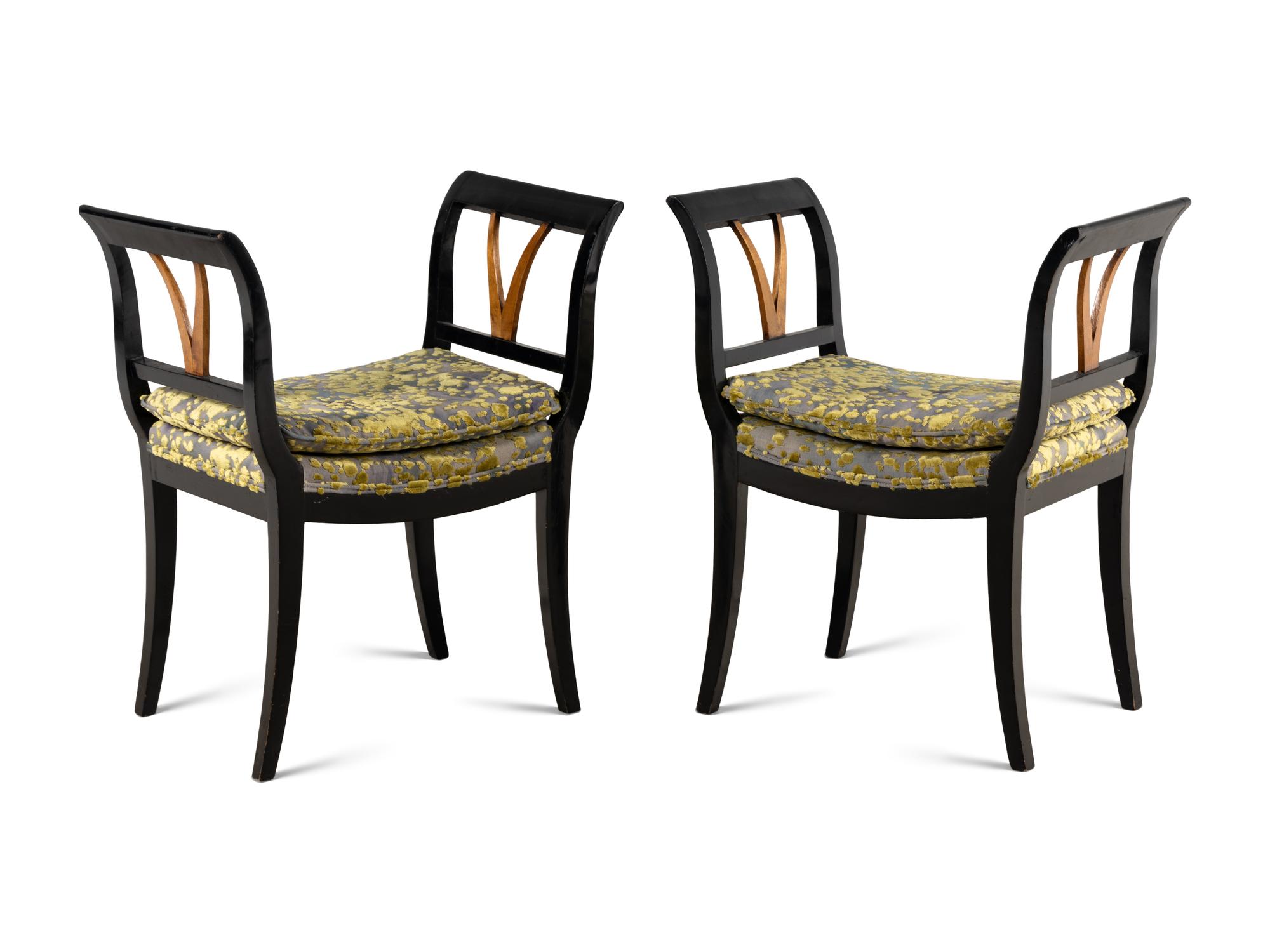 A Pair of Neoclassical Ebonized Curule Benches