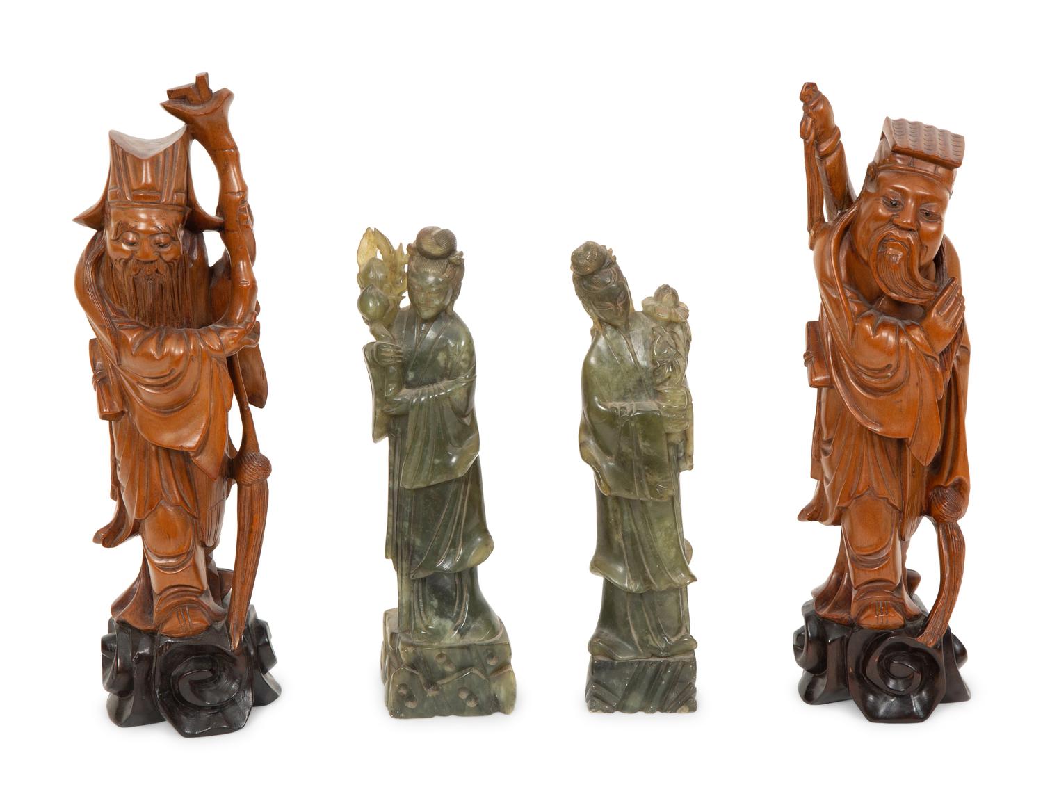A Pair of Chinese Carved Wood Scholars and a Pair of Carved Green Hardstone Guan Yins