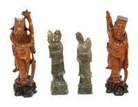A Pair of Chinese Carved Wood Scholars and a Pair of Carved Green Hardstone Guan Yins