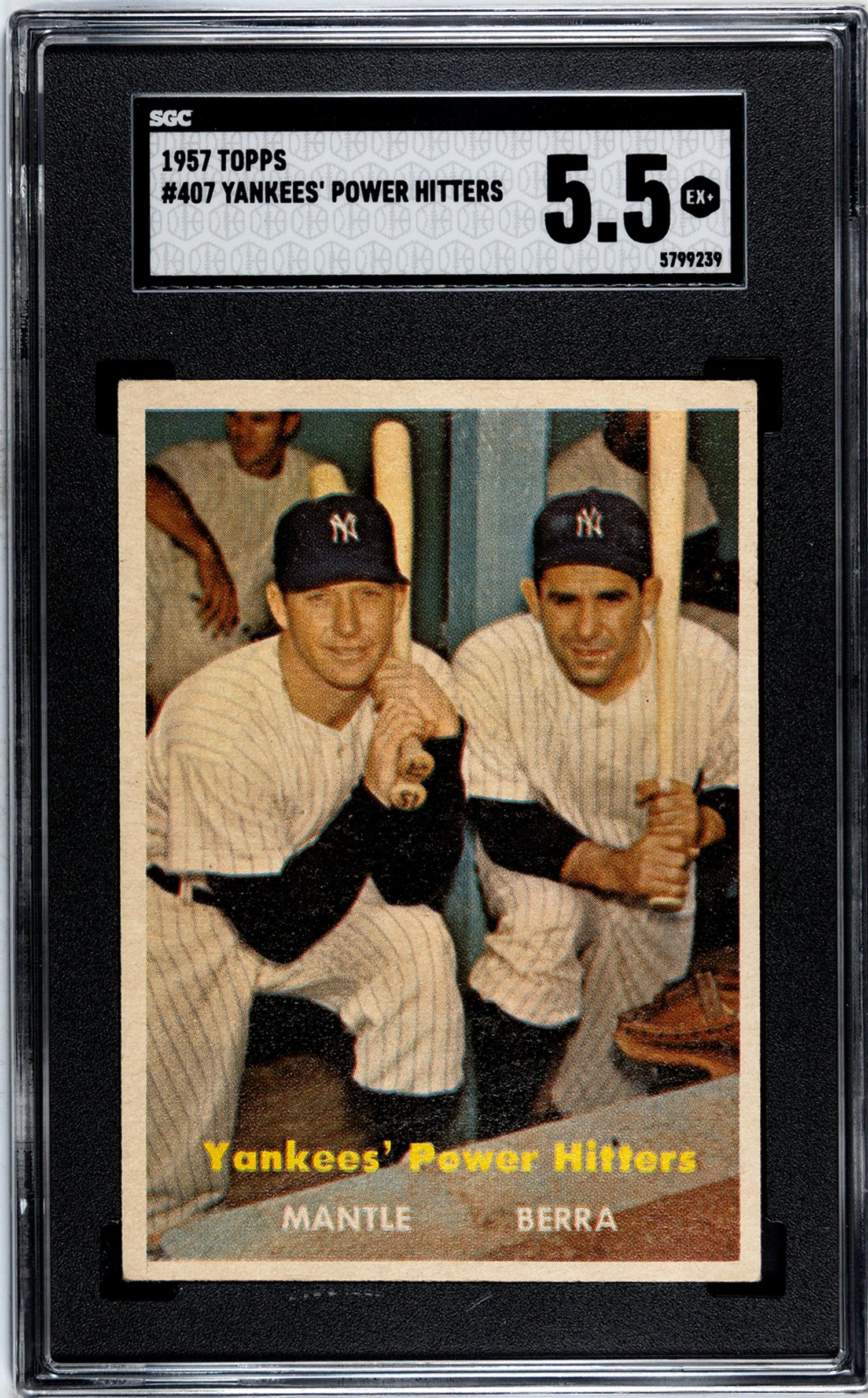 A 1957 Topps Mickey Mantle and Yogi Berra Yankees' Power Hitters Baseball Card No. 407 (SGC 5.5 EX+)