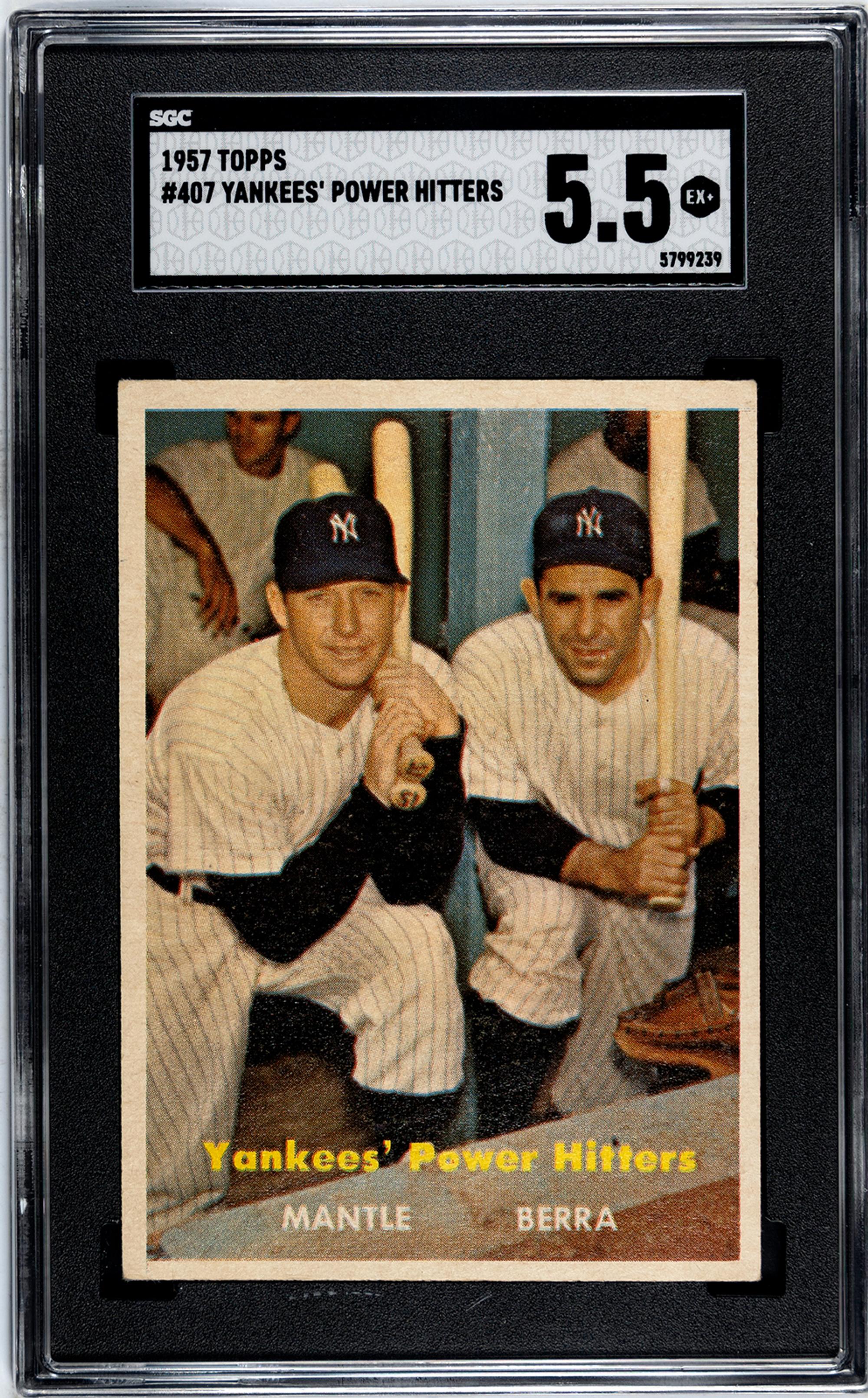 A 1957 Topps Mickey Mantle and Yogi Berra Yankees' Power Hitters Baseball Card No. 407 (SGC 5.5 EX+)