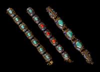 Three Hardstone Inset Gilt Filigree Bracelets Length of largest 7 1/2 inches.