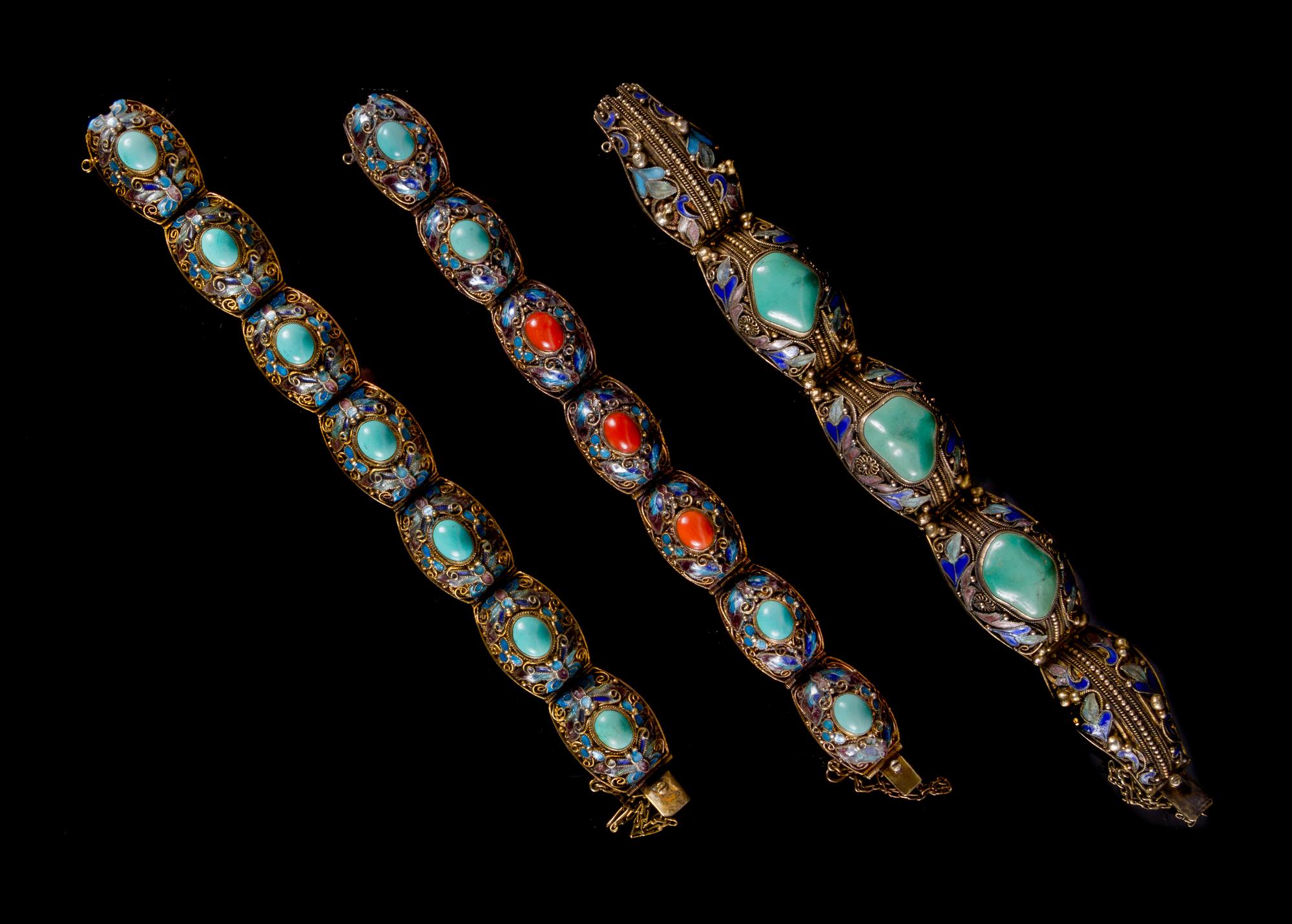 Three Hardstone Inset Gilt Filigree Bracelets Length of largest 7 1/2 inches.