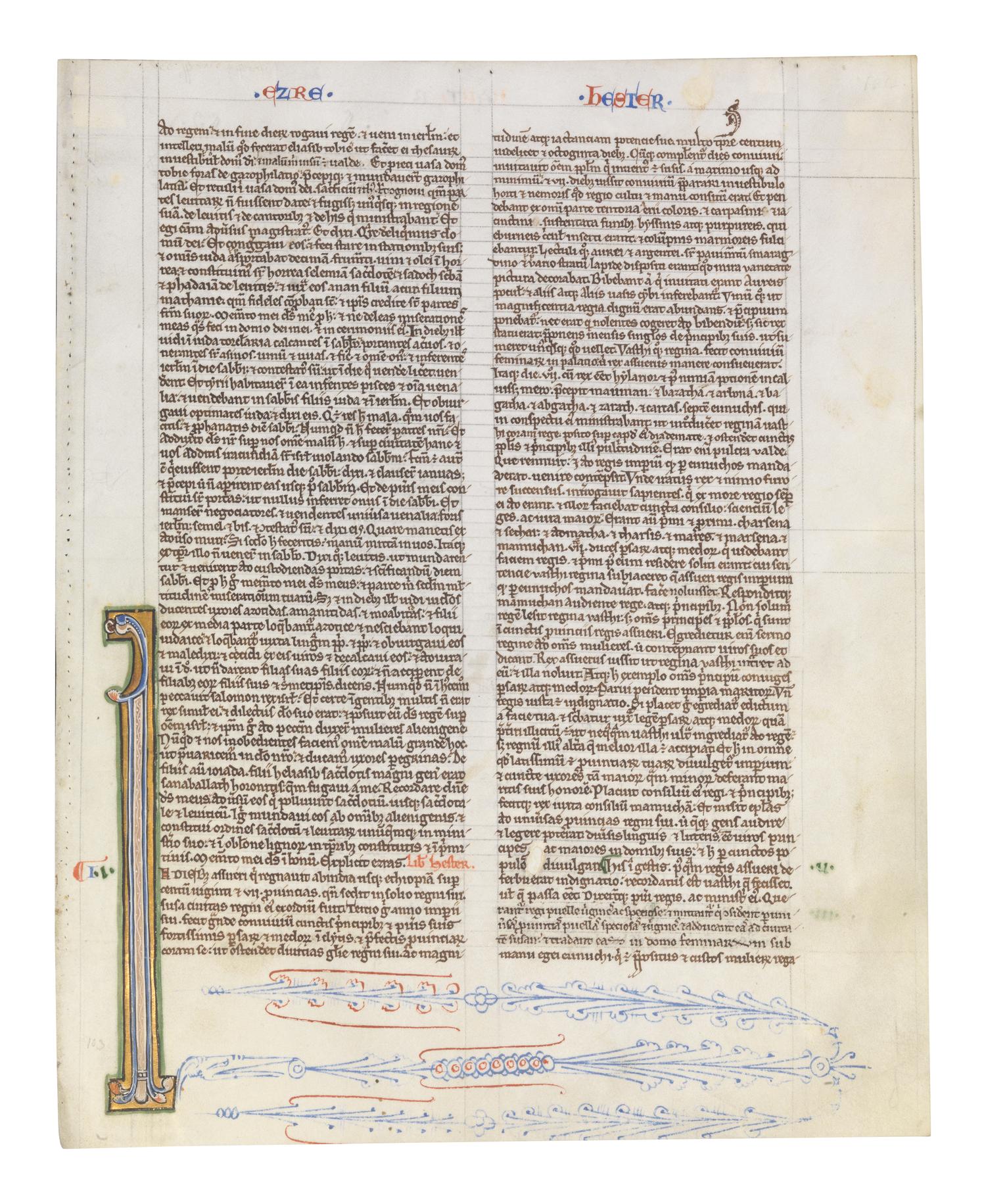 ANONYMOUS ENGLISH ILLUMINATOR A leaf from a Bible, with an inhabited initial ‘I’, in Latin, illuminated manuscript on parchment [England, c. 1225-1250]