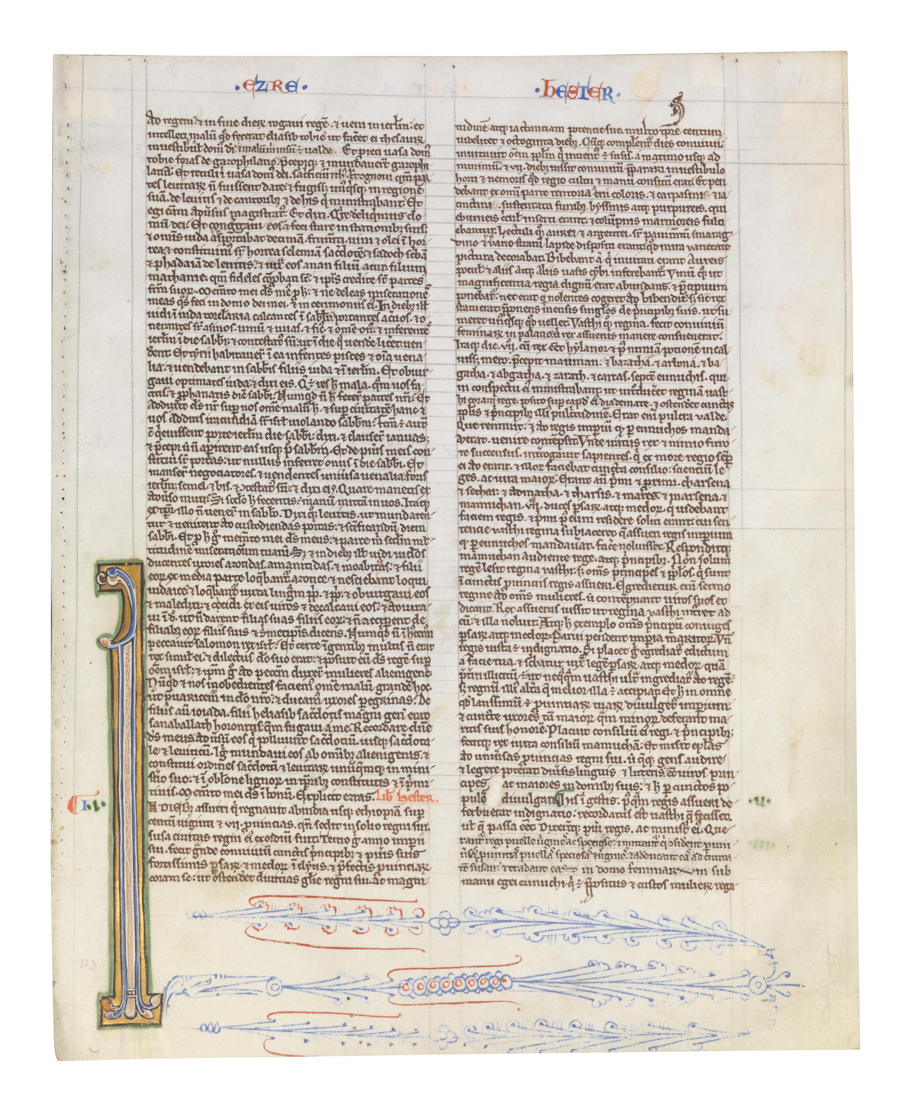 ANONYMOUS ENGLISH ILLUMINATOR A leaf from a Bible, with an inhabited initial ‘I’, in Latin, illuminated manuscript on parchment [England, c. 1225-1250]