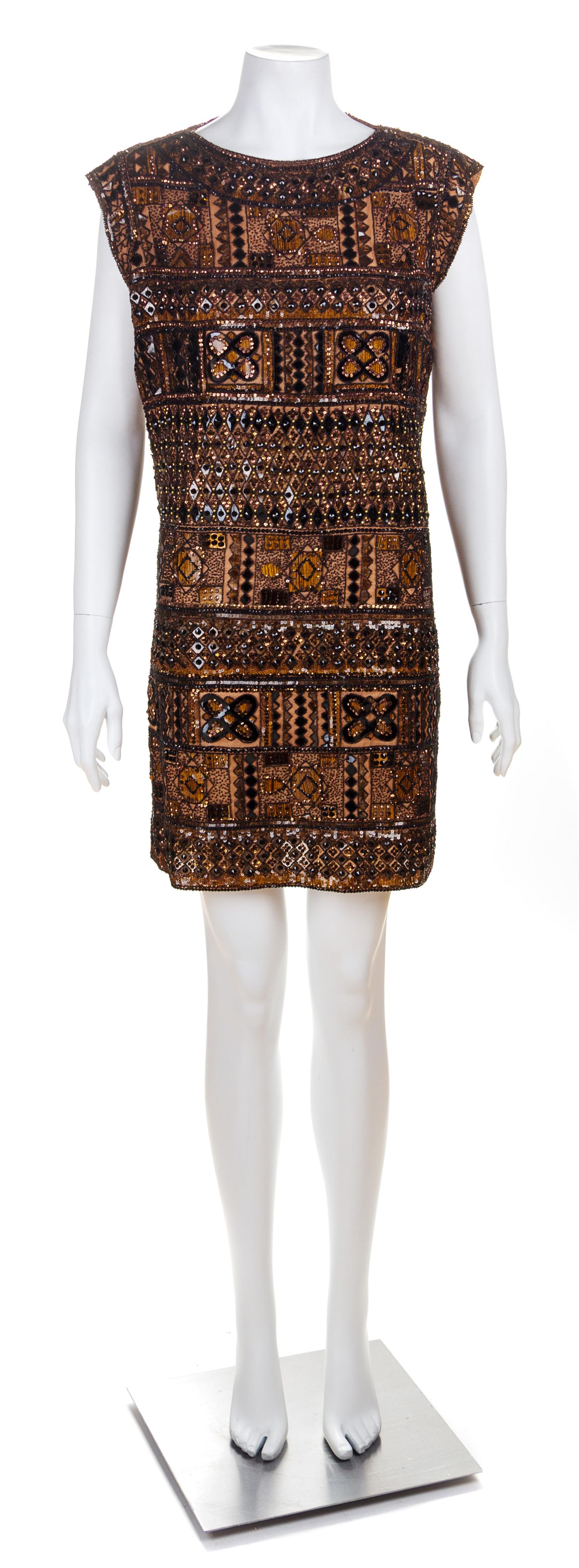 An Yves Saint Laurent Brown Heavily Beaded and Sequin Embroidered Shift Dress, No size.